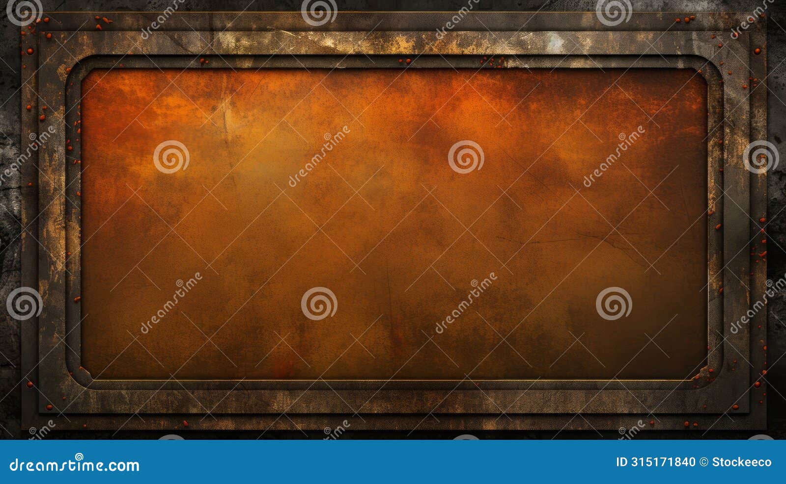 rusty metal frame mockup: dark gold and orange mythic imagery
