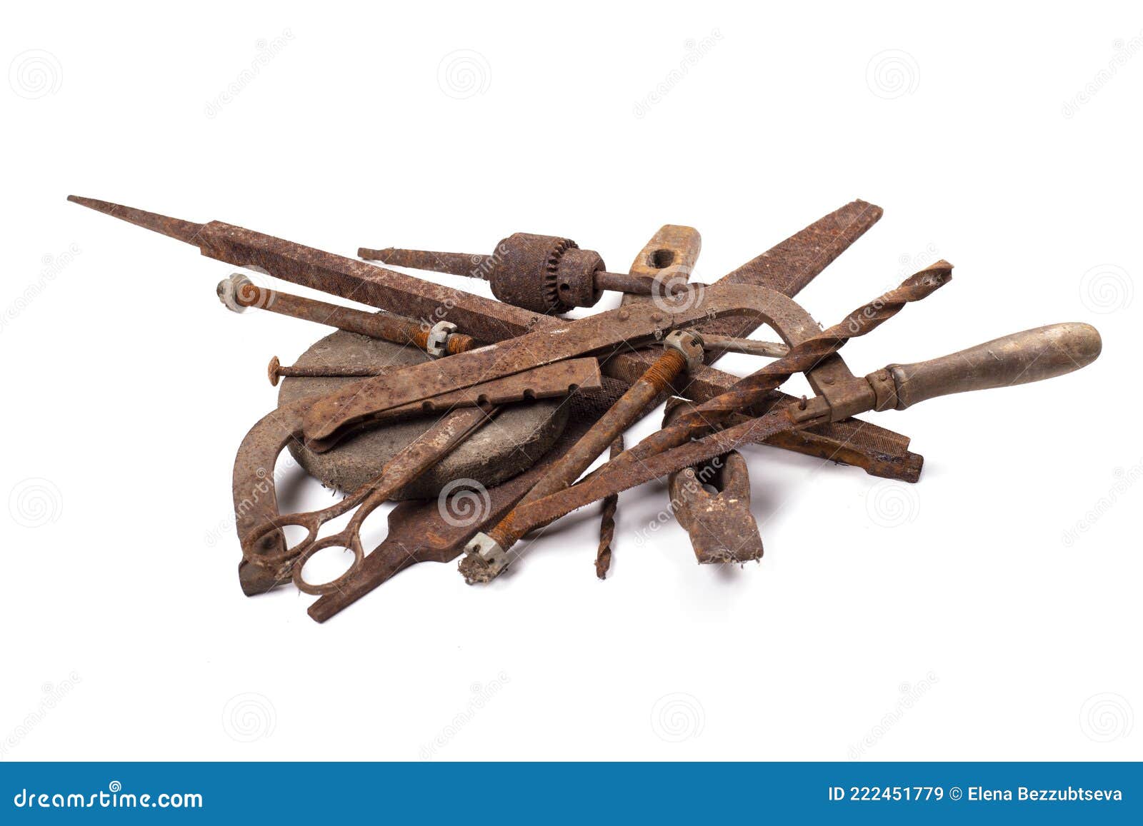Rusty Old Antique Iron Tools, Scrap Metal on White Background. Rust