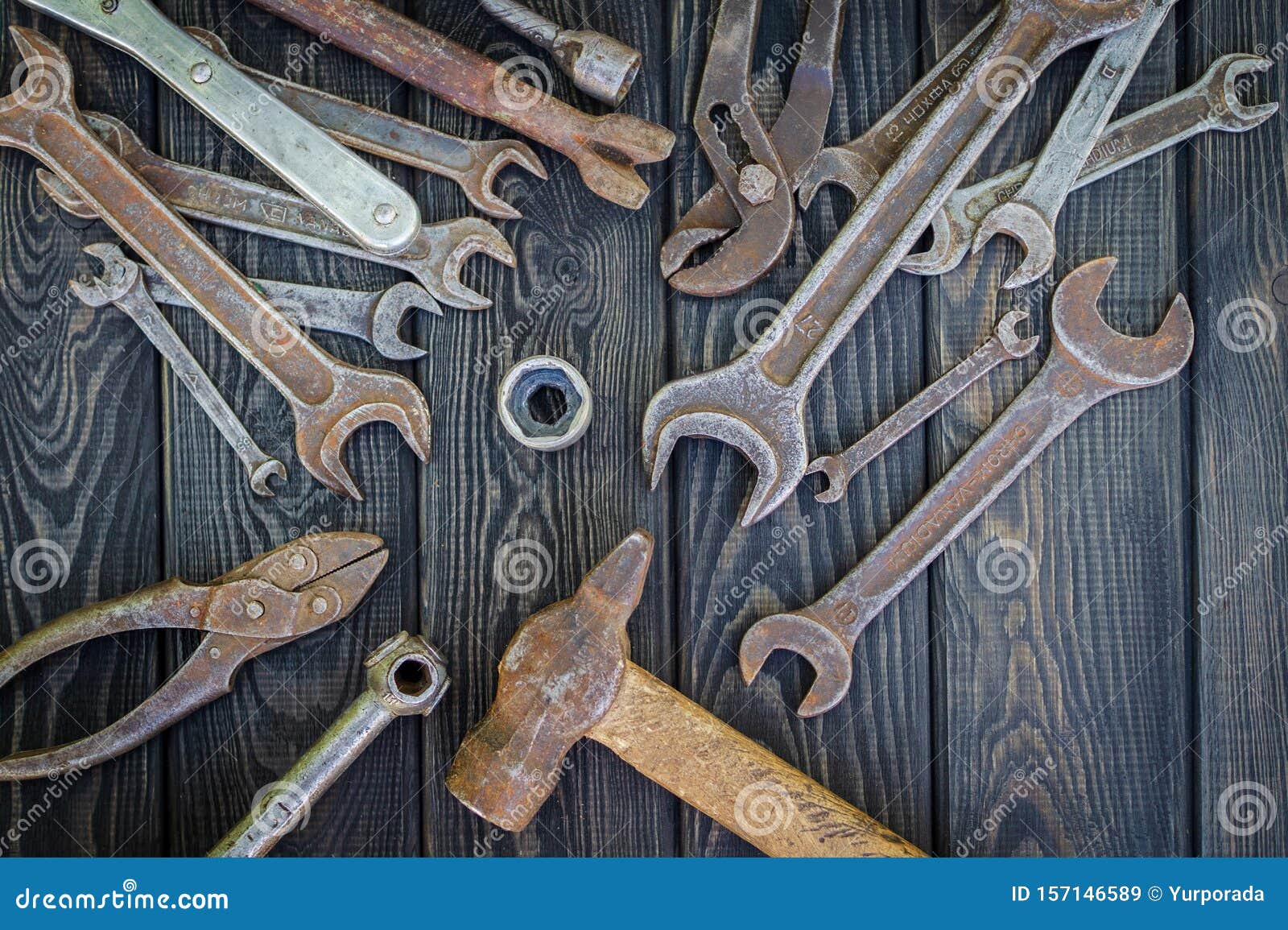 Rusty Old Tools on Black Vintage Wood Background Stock Image - Image of ...