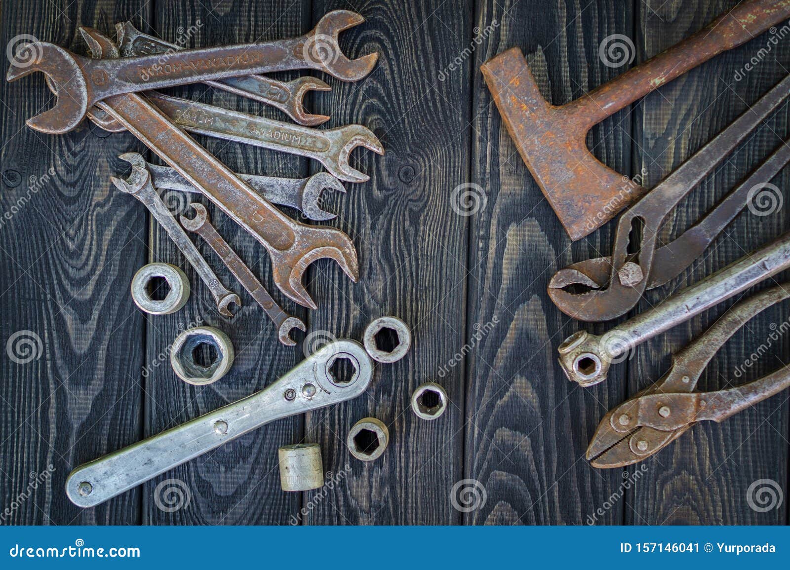 Rusty Old Tools on Black Vintage Wood Background Stock Image - Image of ...