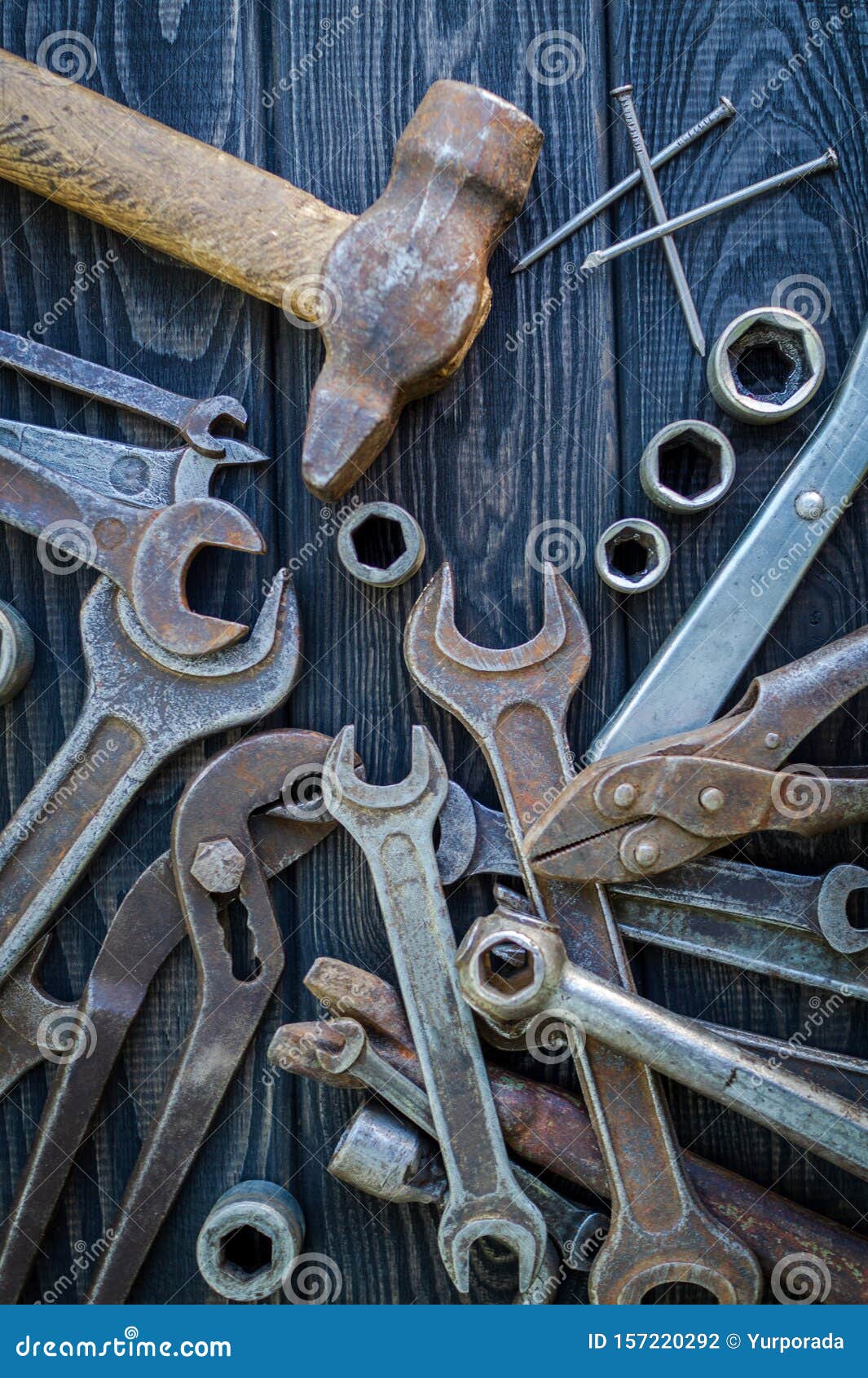 Rusty Old Tools are Laid Out on Black Vintage Wood Background Stock ...