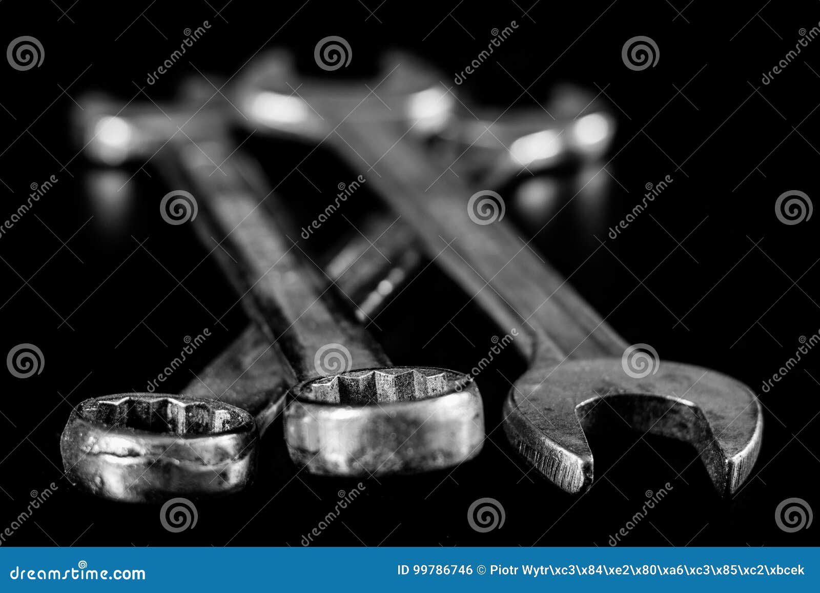 Rusty, Old Keys. Hydraulic Keys on a Black Table in a W Stock