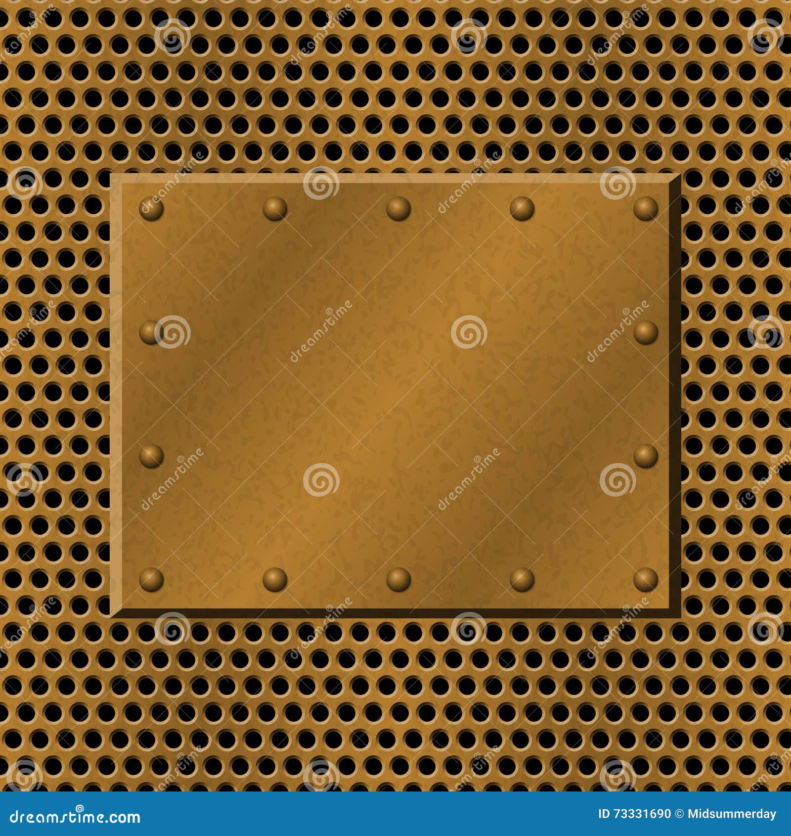 rusty perforated metal background with plate and rivets. metallic grunge texture. brass, copper latticed template.