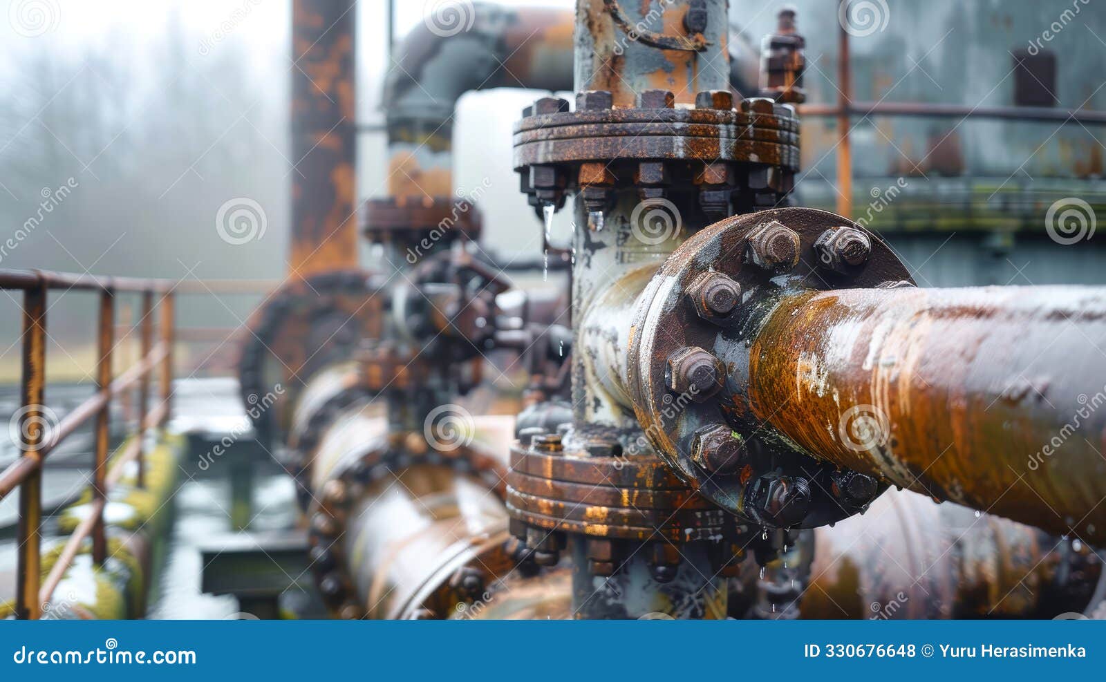 a rusty pumping station features massive pipes and a steam engine as water gushed forcefully under a moody, cloudy sky
