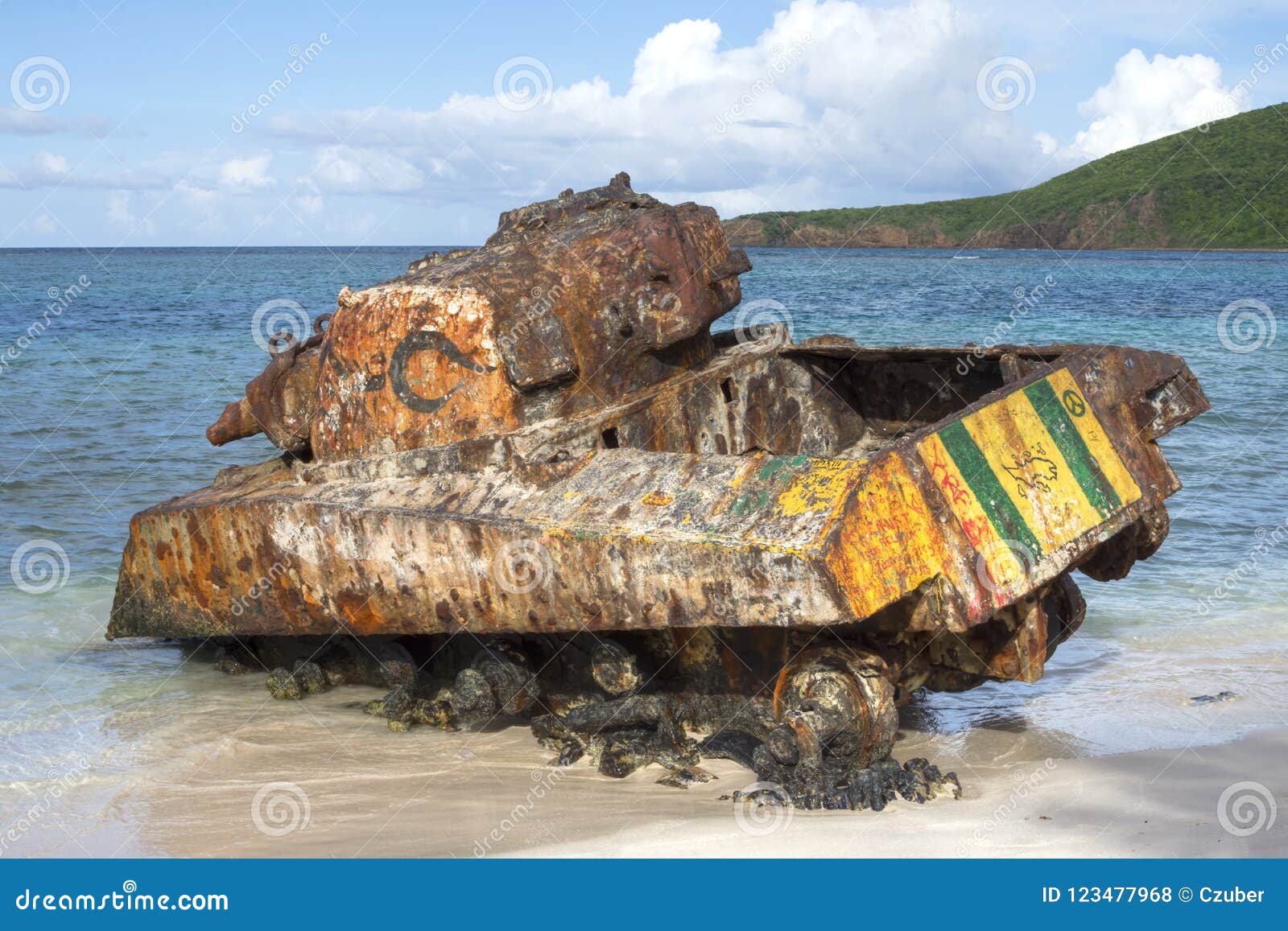 rusty sherman tank on flamenco beach of isla culebra