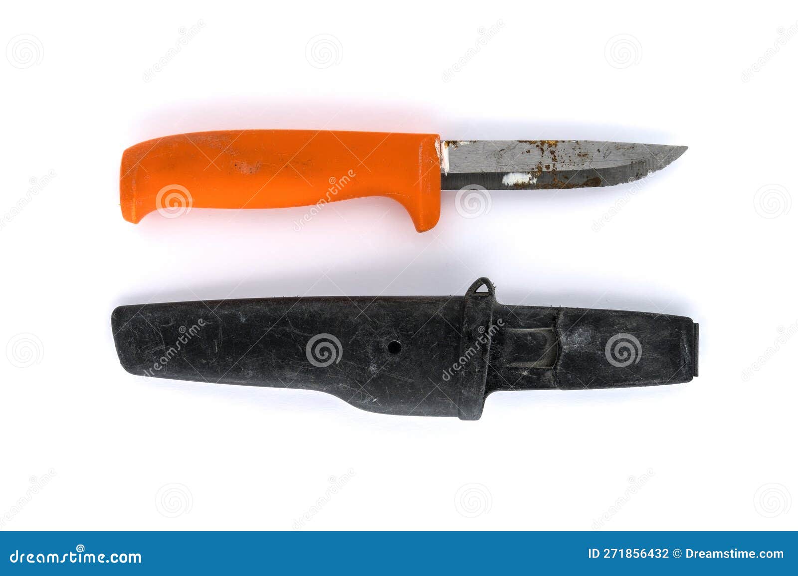 Rusty and Worn Carpenters Knife with Case, Used Tool Isolated on White