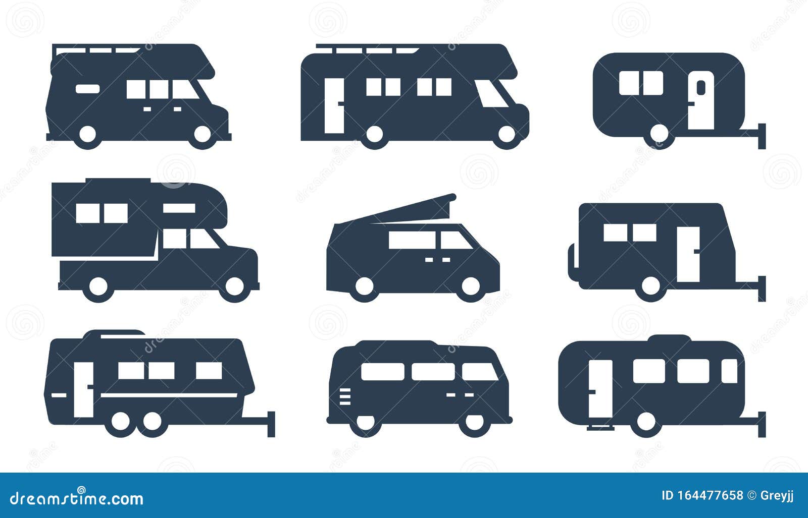 rv cars, recreational vehicles, camper vans icon set
