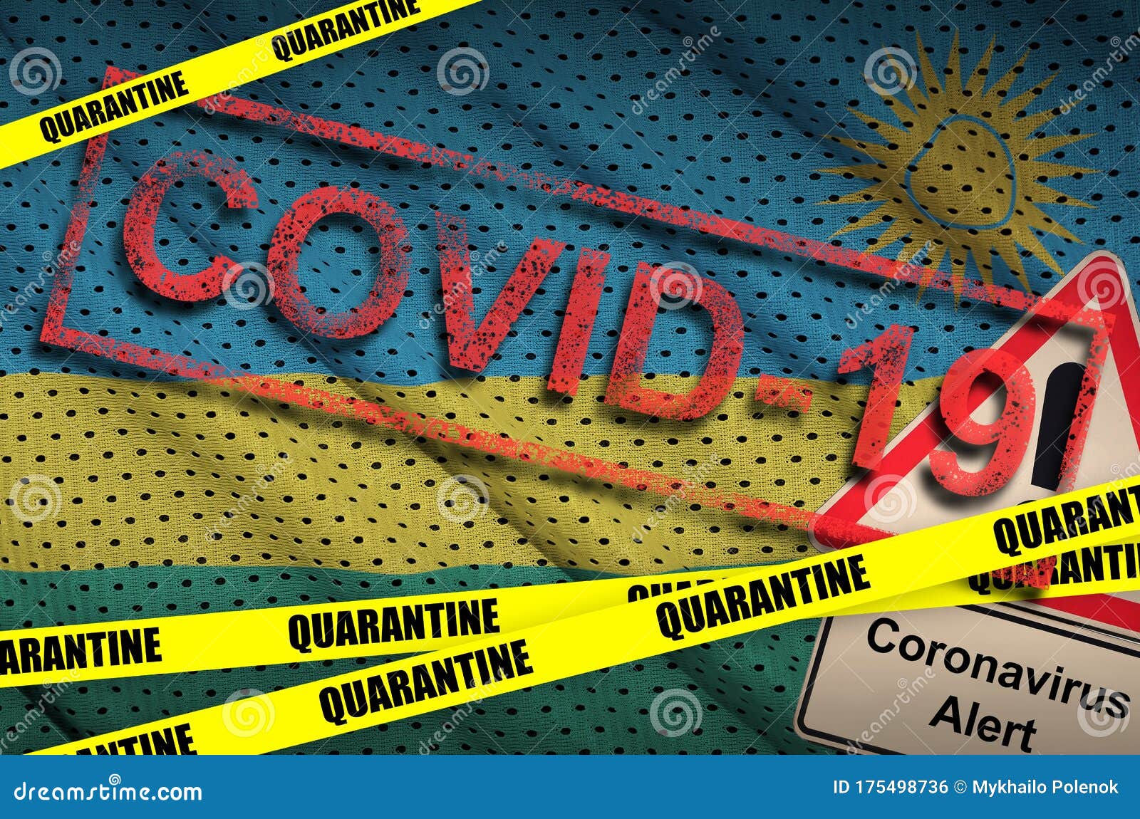 Rwanda Flag and Covid-19 Quarantine Yellow Tape with Red Stamp ...