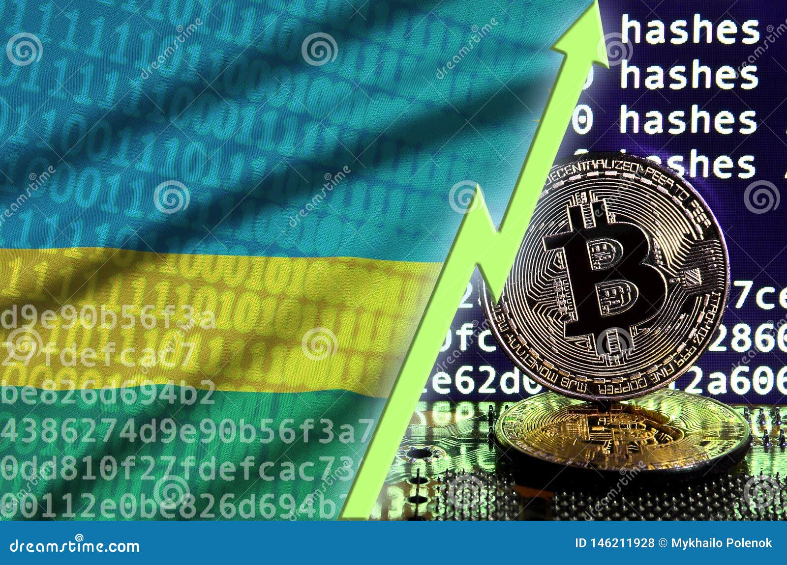 Rwanda Flag And Rising Green Arrow On Bitcoin Mining Screen And Two Physical Golden Bitcoins ...