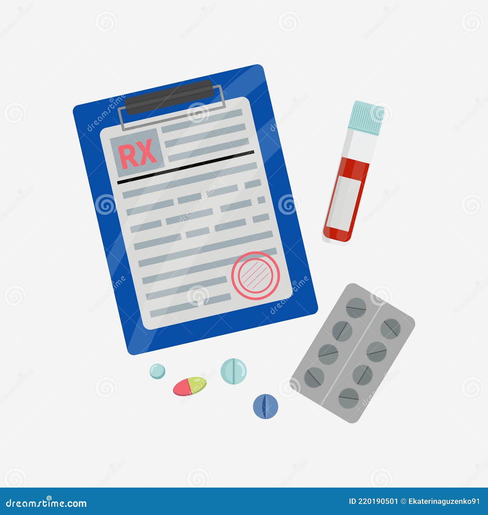 Medicamentos com formulário de prescrição médica em desenho animado