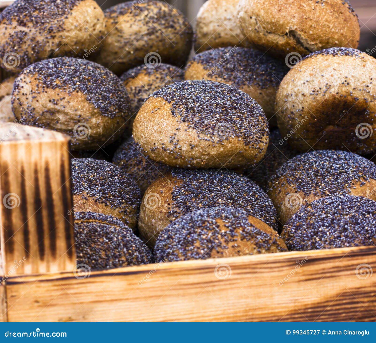 Rye Buns with Poppy Seeds in a Wooden Box Stock Image Image of black