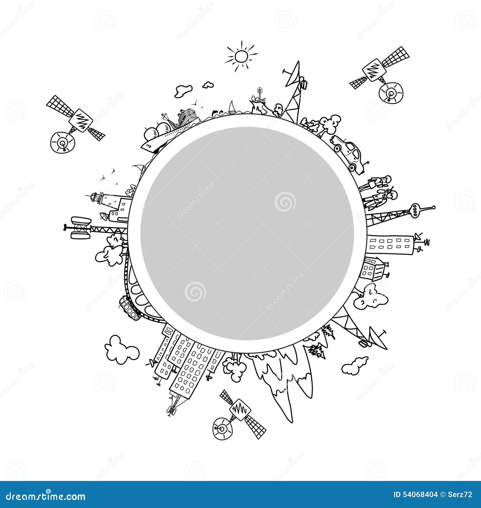 Réseau d'information global sur le globe, satellites, antennes, antennes de satellite, répétiteurs, illustration noire et blanche de vecteur