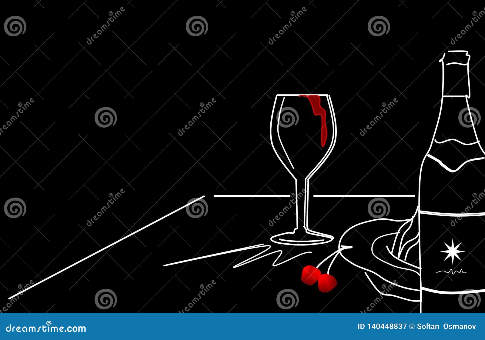 Rött vin, bägare och körsbär Matställe- eller lunchminnen Illustration bakgrund Från en serie av svartvita målningar