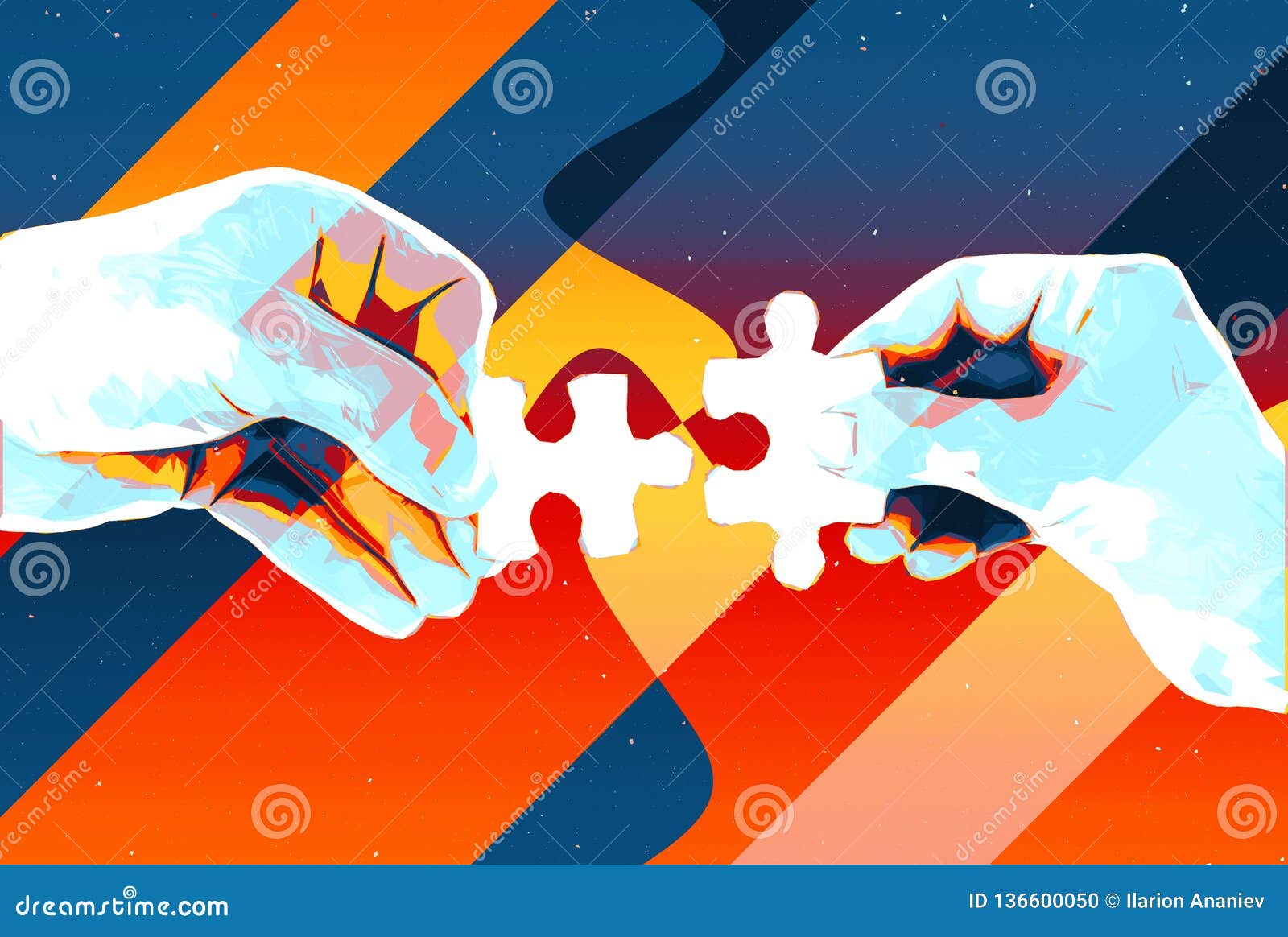 Ręki z dwa łamigłówka kawałków abstrakcjonistycznym tłem, nowożytną ilustracją dla pracy zespołowej, partnerstwem, związkiem, zwi. Ręki z dwa łamigłówka kawałków abstrakcjonistycznym tłem, nowożytna ilustracja dla pracy zespołowej, partnerstwa, związku, związku i współpracy biznesowego projekta,