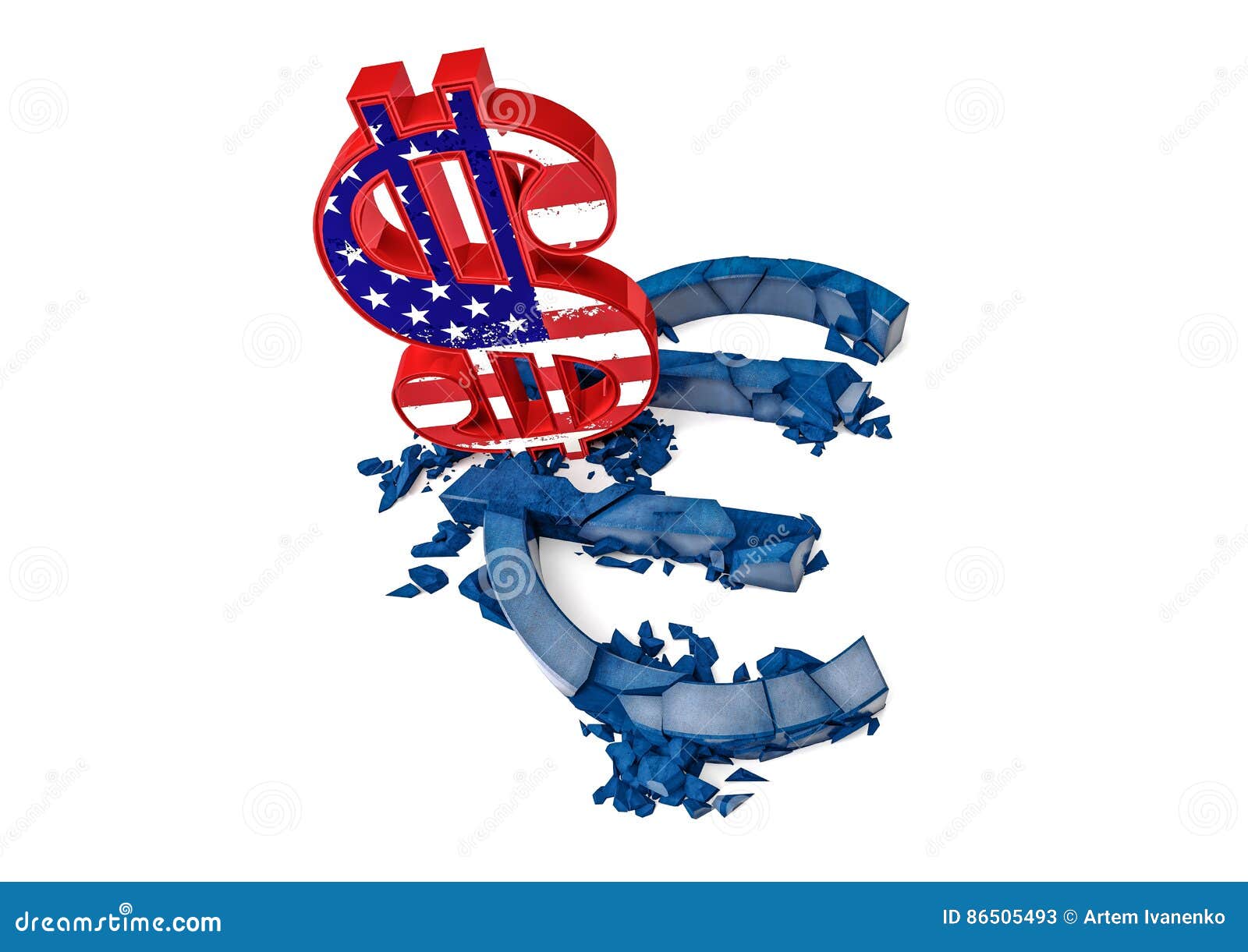 Símbolo Euro Concreto 3d Destruido Por La Muestra De Dólar
