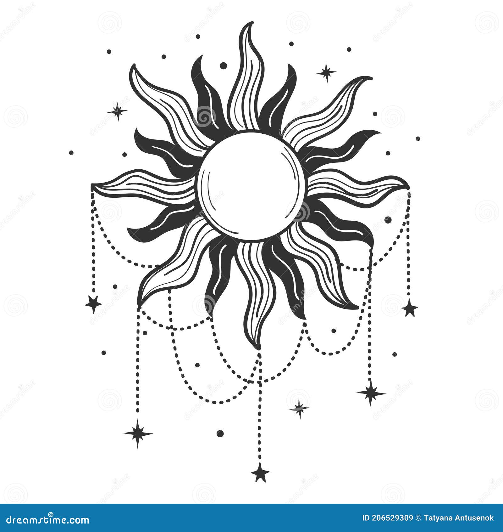 Símbolo Moderno Del Sol Con Adornos De Dibujos Estilizados De Joyería.  Diseño Místico Vintage En El Tatuaje Del Logo De Boho Stock de ilustración  - Ilustración de divino, bohemio: 206529309