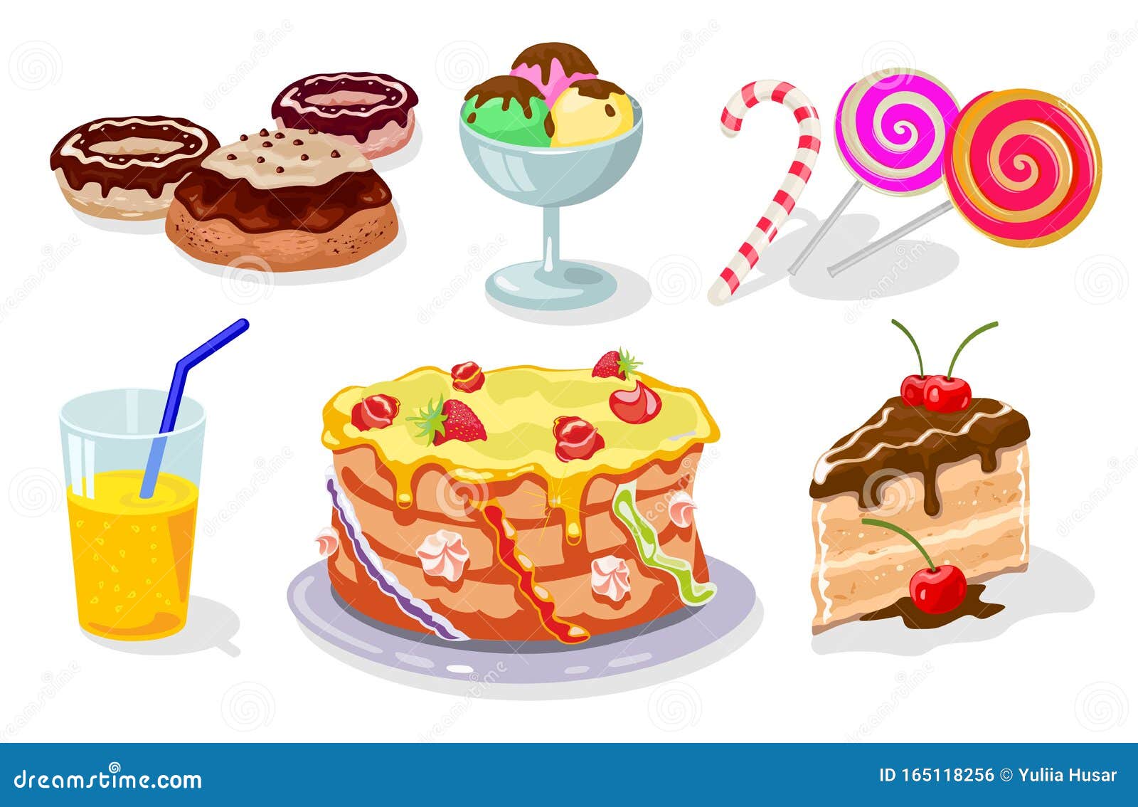 Susser Kindertisch Mit Tor Donuts Kuchen Eis Sussspeise Lollipop Saft Vektor Abbildung Illustration Von Sahne Speisekarte 165118256