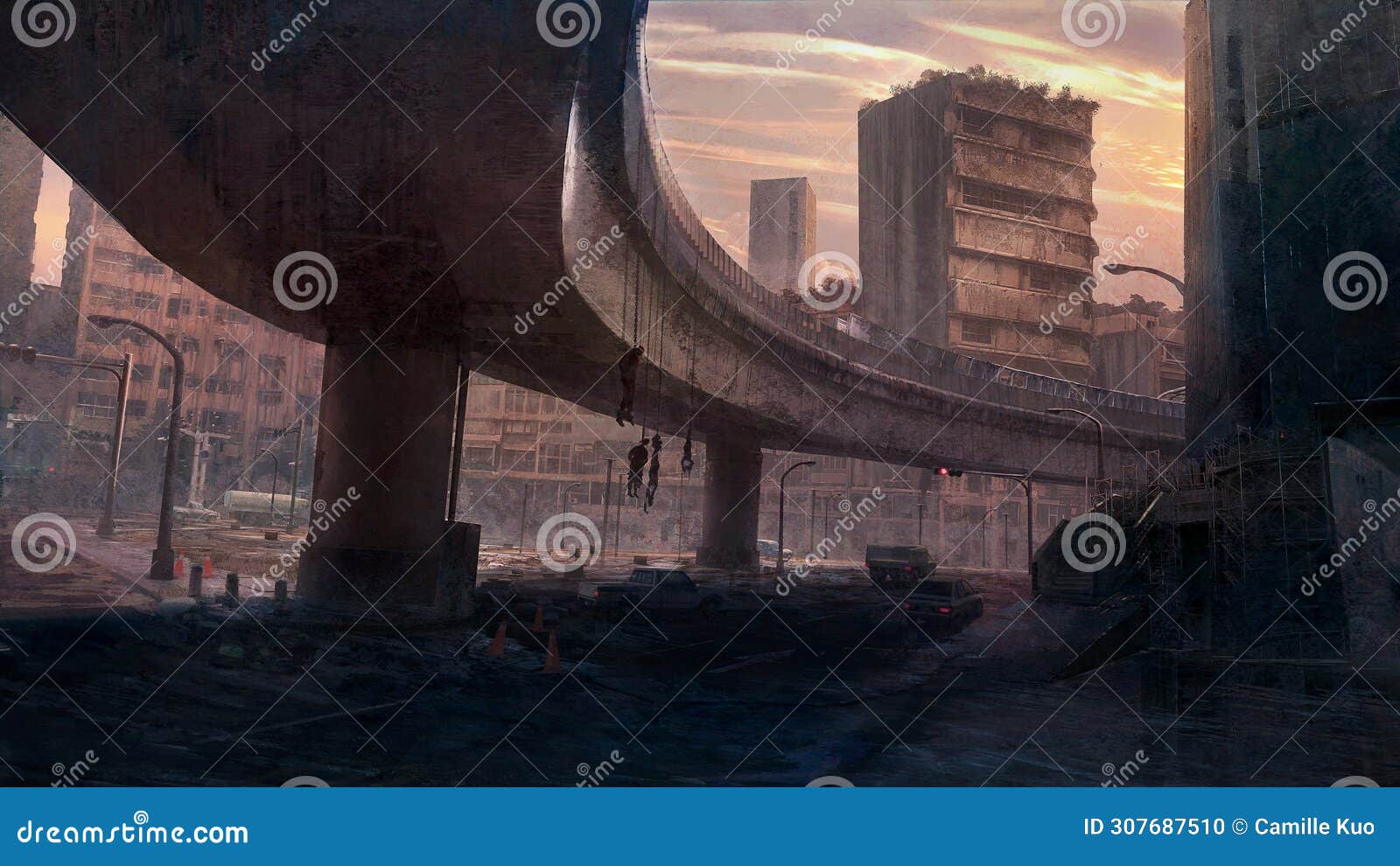 digital matte painting of environment scene in old city with cartel corpses under the bridge