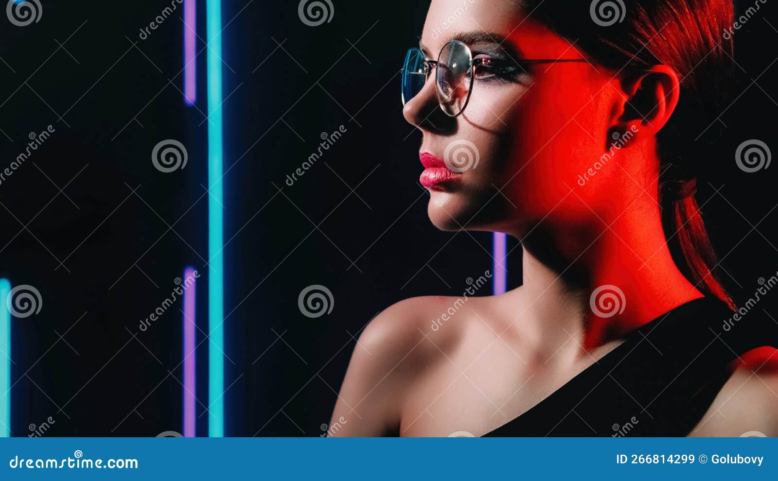 s look optic fashion retro eyewear red purple blue color neon light profile portrait teen girl model face glasses dark 266814299