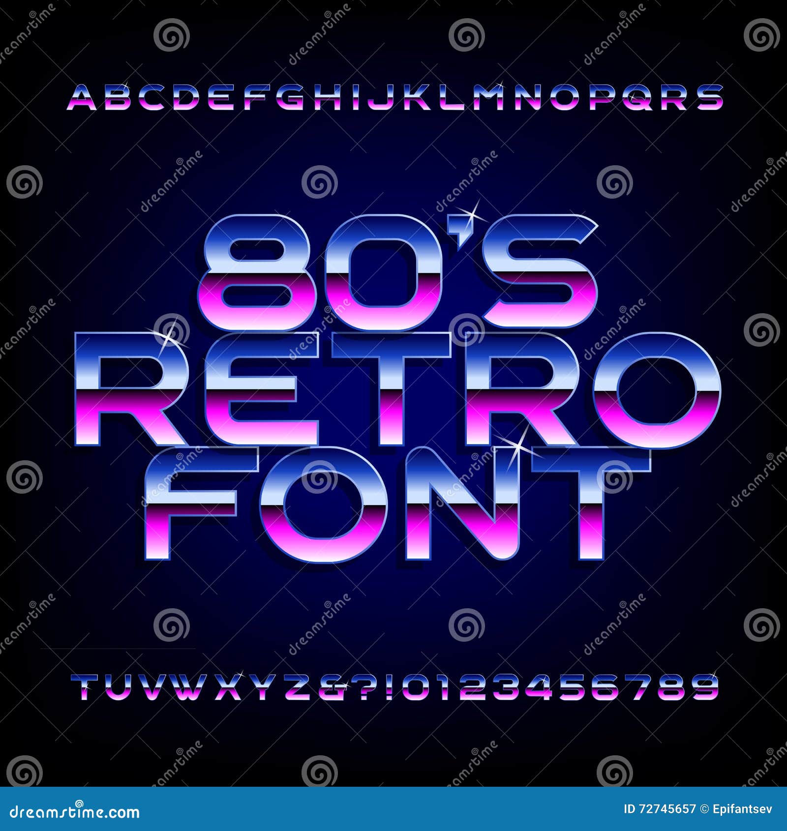 80's retro alphabet font. metallic effect shiny letters and numbers.