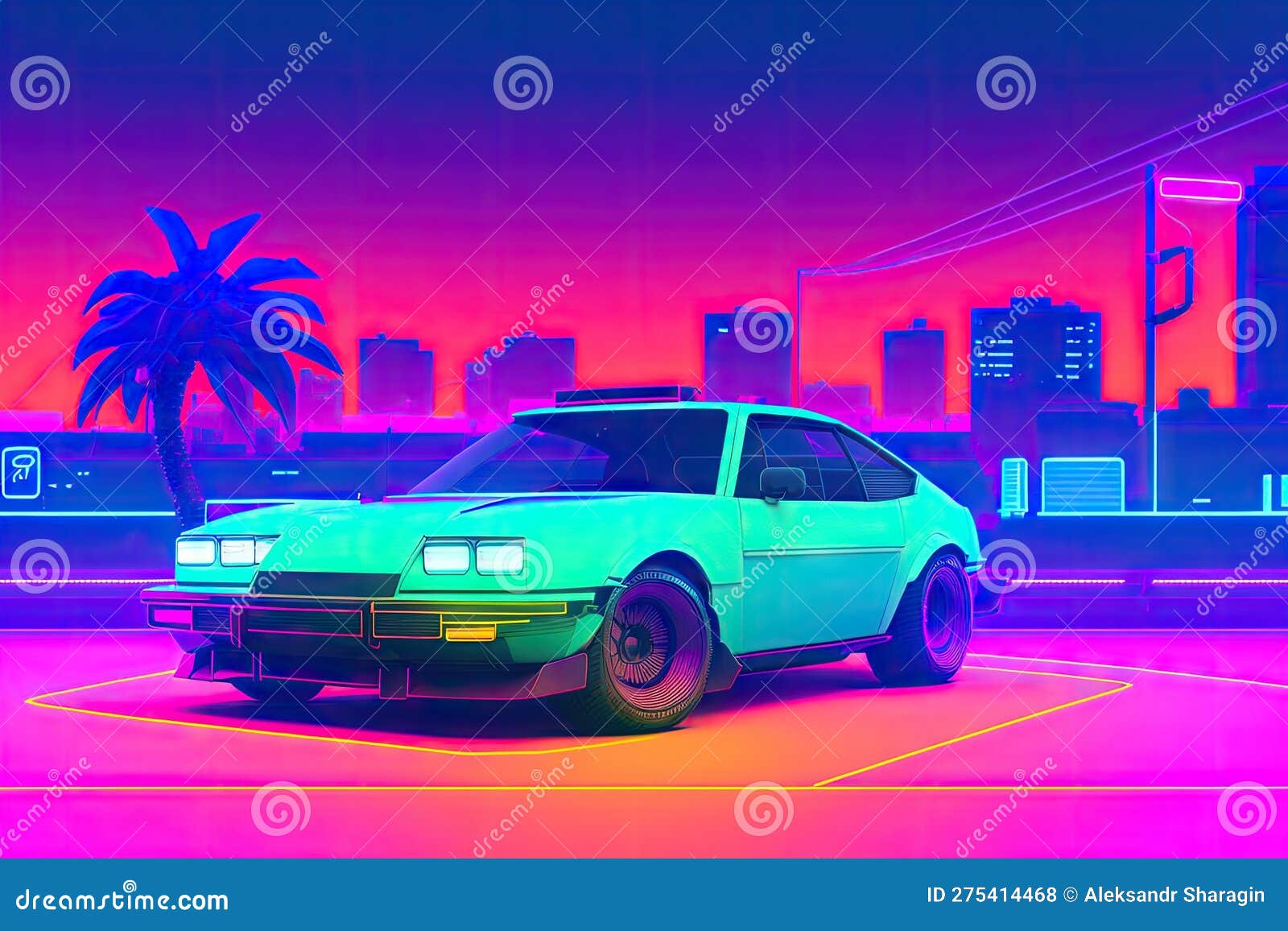 80s retro futuristic drive, vintage car. synthwave sci-fi landscape. retrowave style, night sky. vaporwave. generative ai