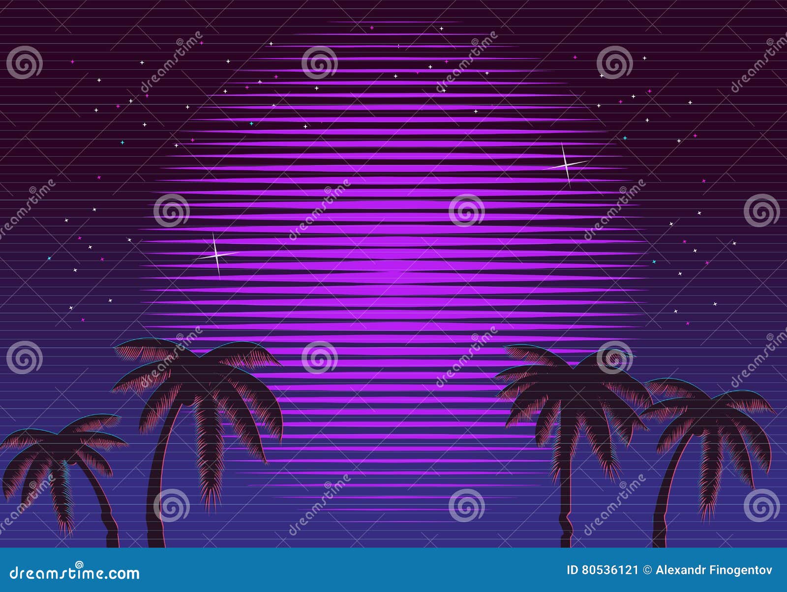 80s retro neon gradient background. palms and sun. tv glitch effect. sci-fi beach.