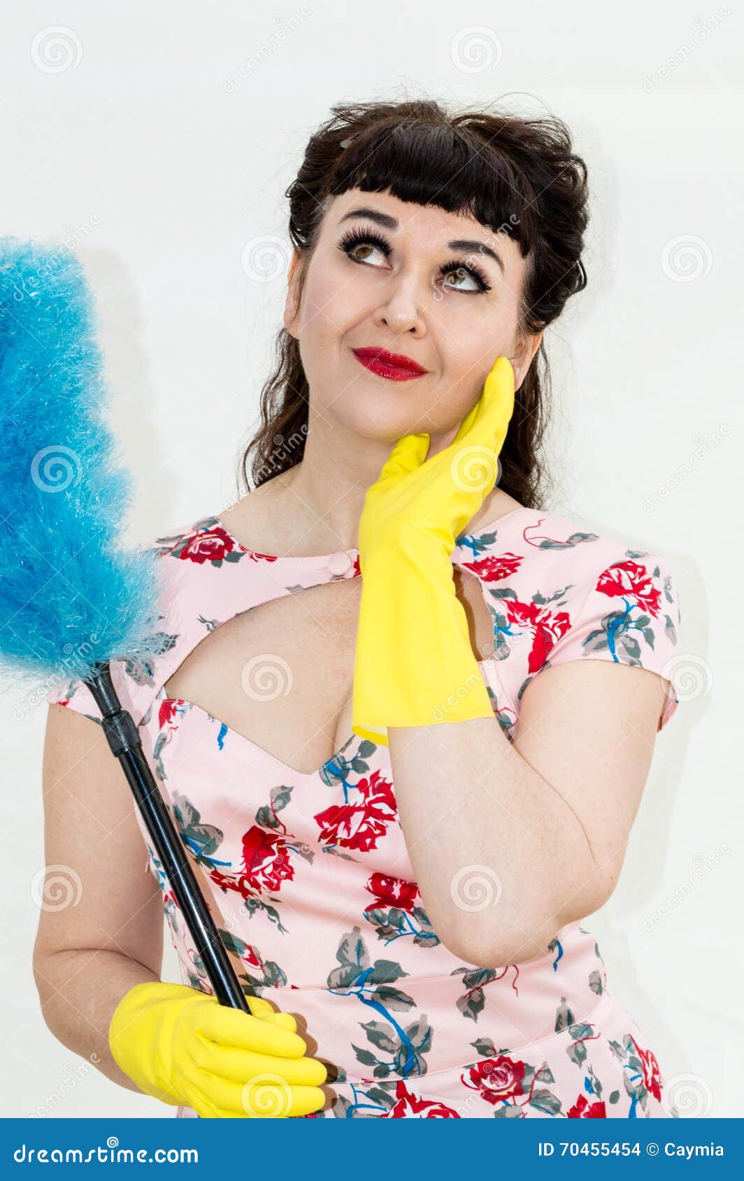 1950s Retro Style Woman with Duster and Rubber Gloves. Stock Photo ...