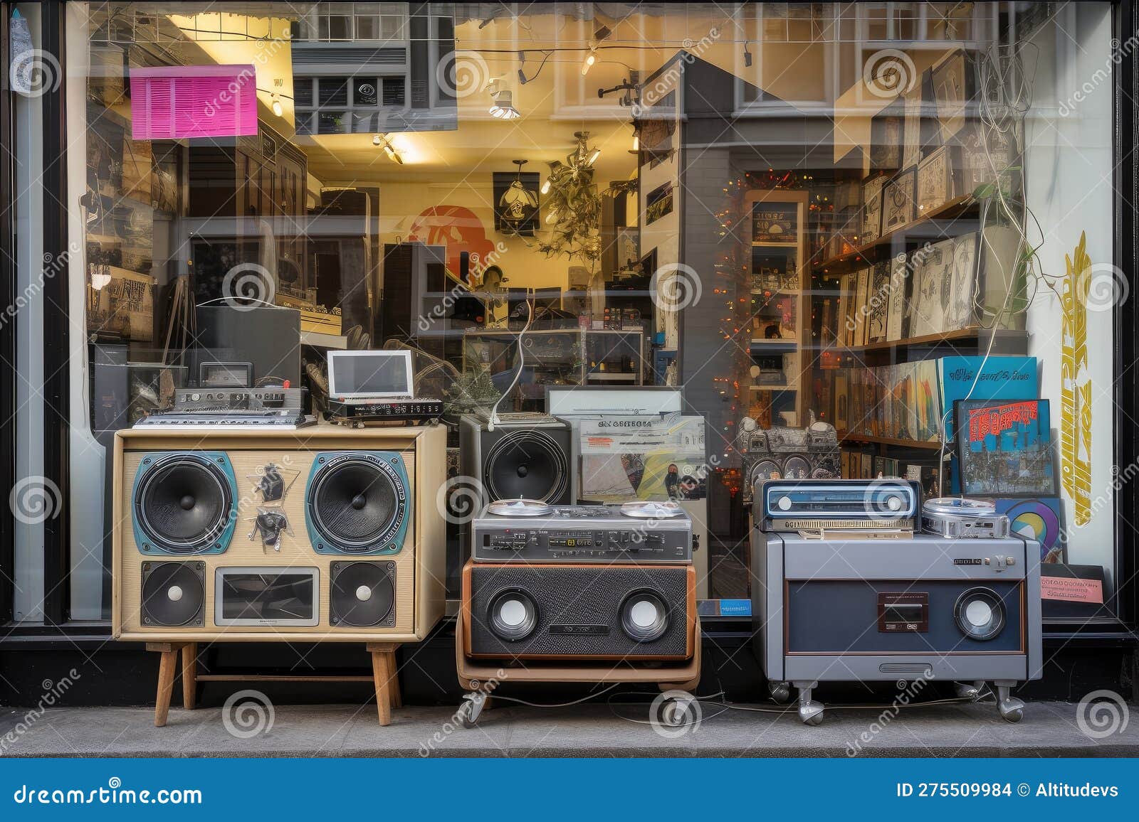 80s-style store exterior with window display of retro electronics and vinyl records