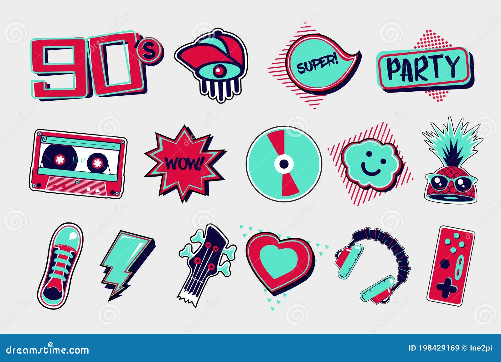 90s Style Vector Icons Funky Signs Set On Isolated Background Cartoon