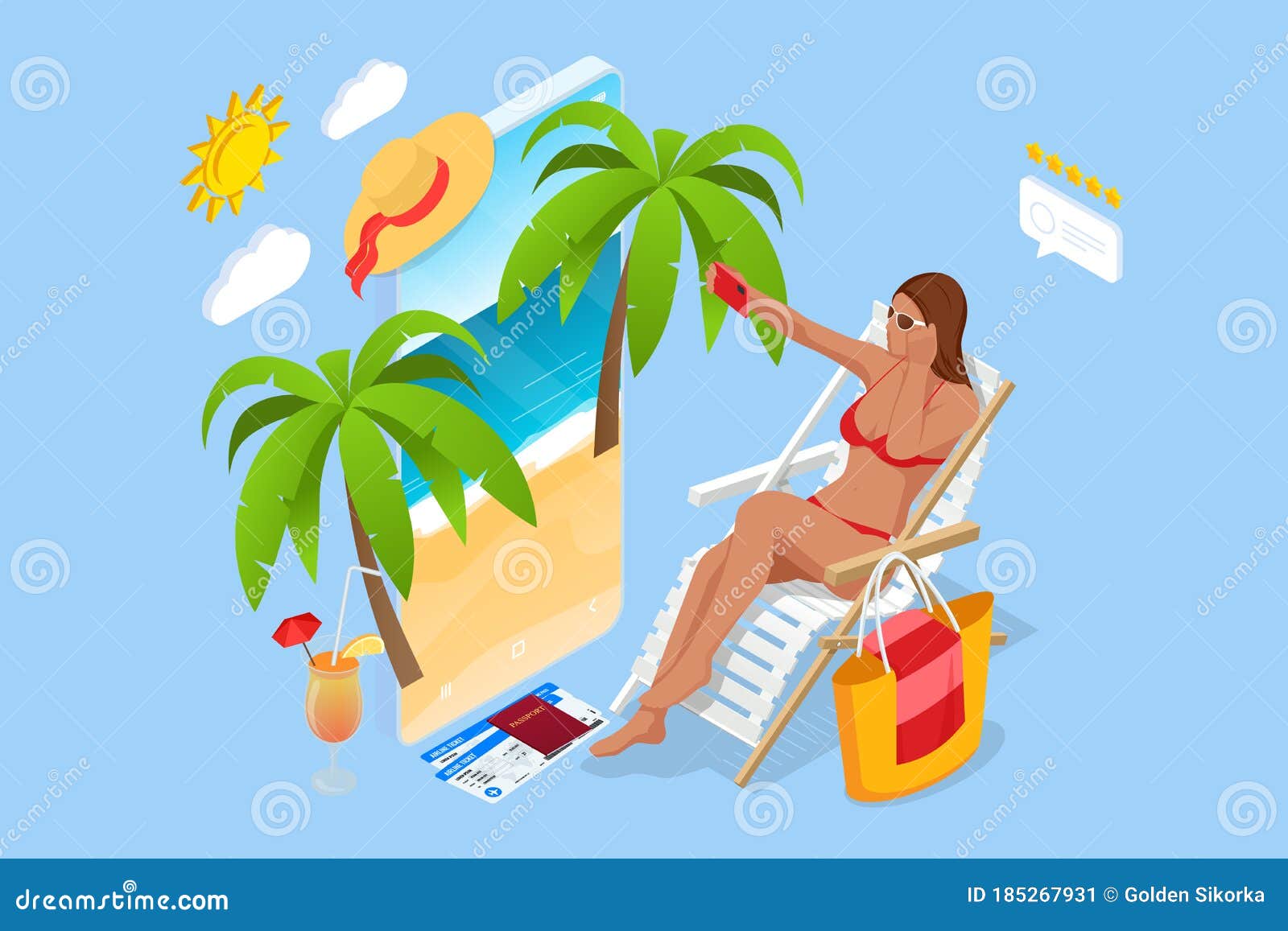 it`s summer time banner. summer luxury vacation. isometric beautiful girl in a swimsuit sits in a beach chair and takes