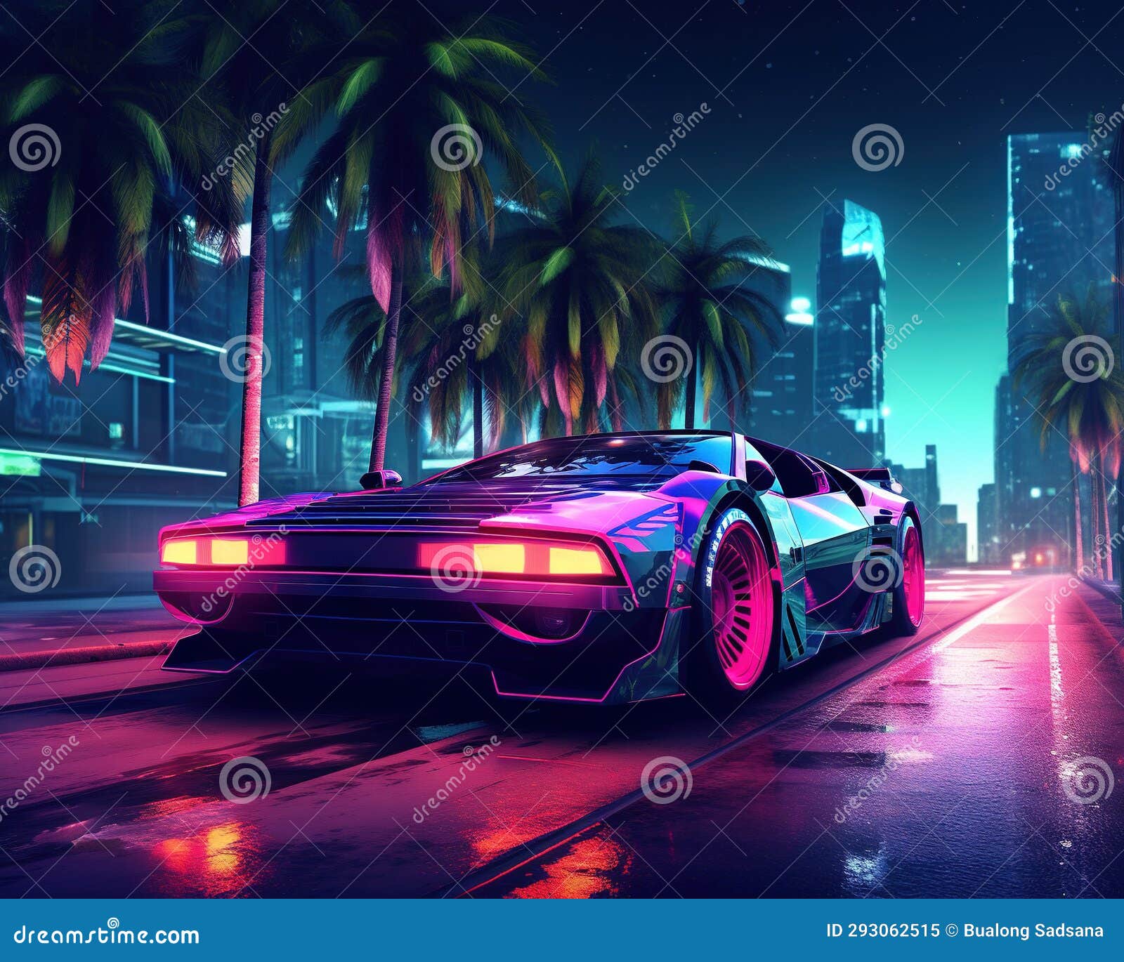 An 80s Synthwave Neon Cyberpunk Car is a Futuristic One. Stock