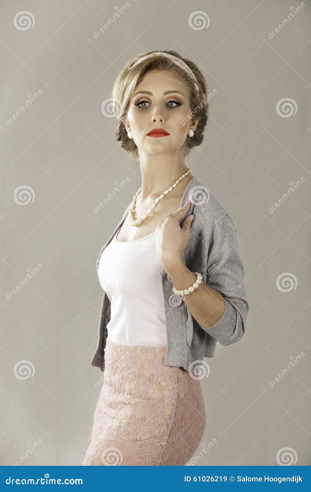 1950s Woman In Twinset And Pearls Stock Image Image Of Cardigan