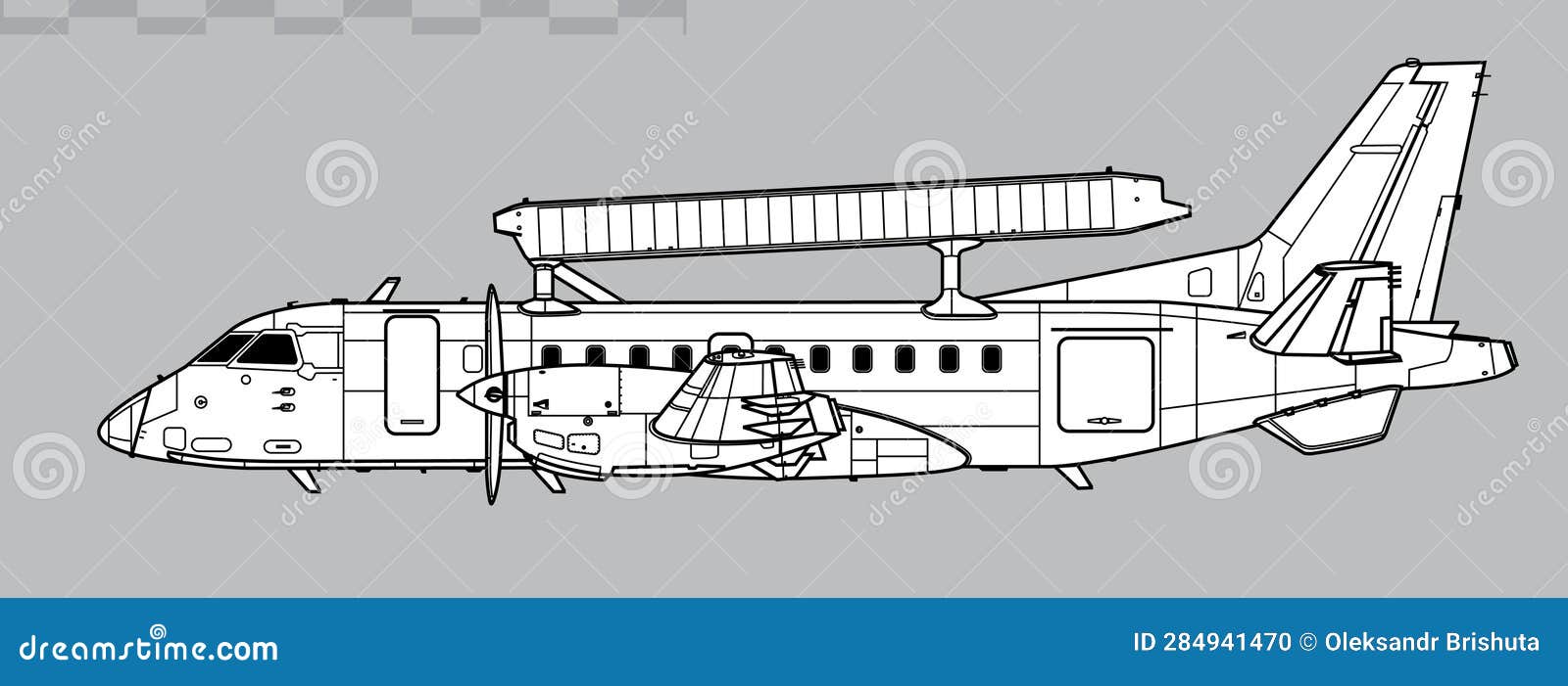 saab 340 aewc.  drawing of airborne early warning and control aircraft.