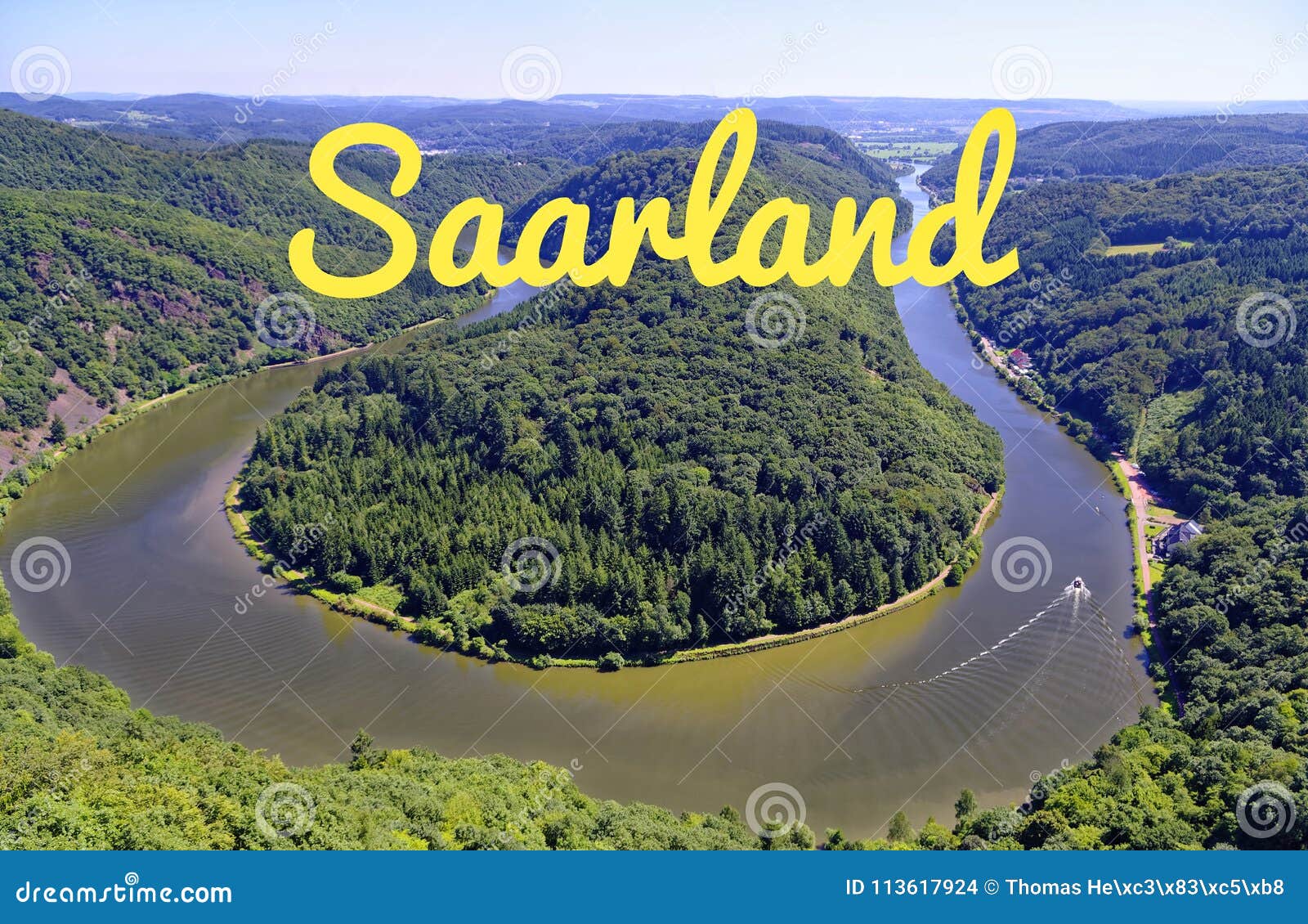 saarschleife of the saar near orscholz with the word in yellow saarland, with a view of the entire saarbiegung in saar-lor-lux saa