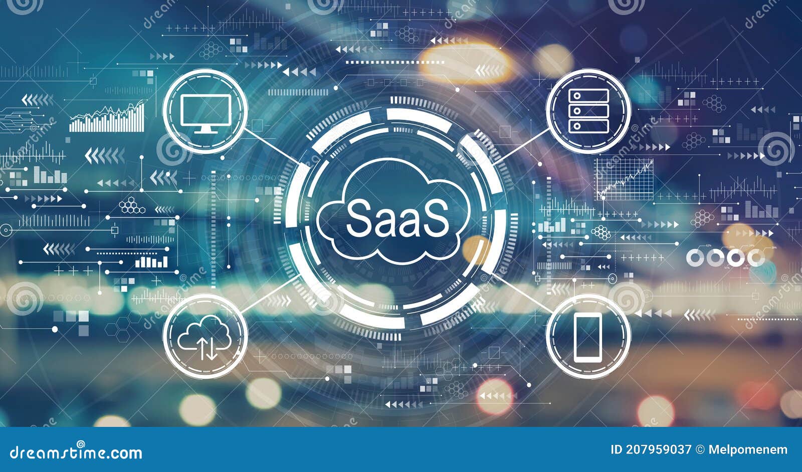 saas - software as a service concept with blurred city lights