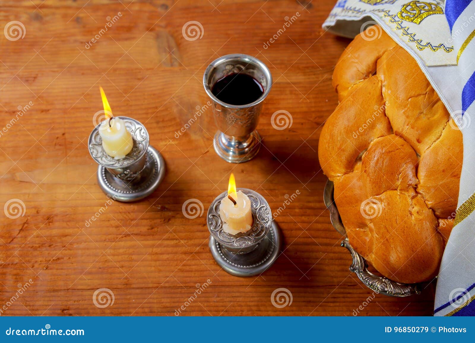 Sabbath Silver Kiddush Cup, Crystal Candlesticks with Lit Candles, and