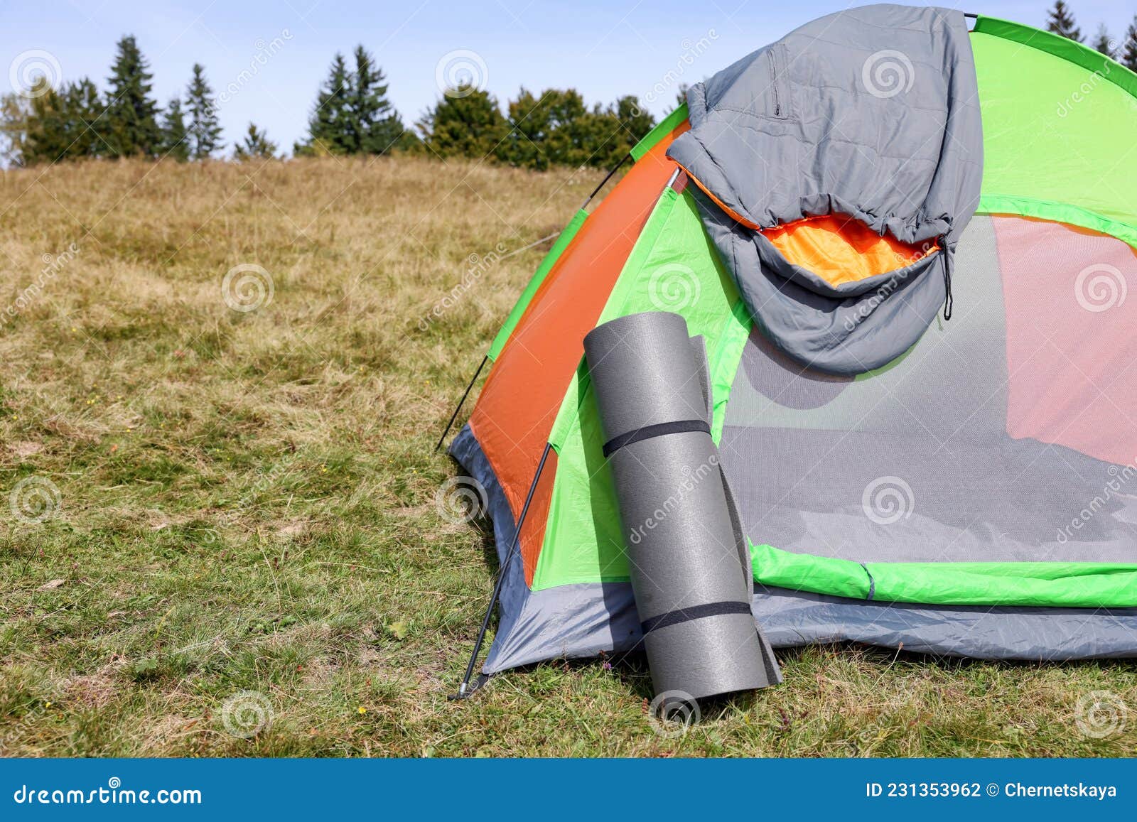 Sacco a Pelo Grigio Su Tenda Da Campeggio E Tappetino Esterno Spazio Per  Testo Fotografia Stock - Immagine di nessuno, stuoia: 231353962