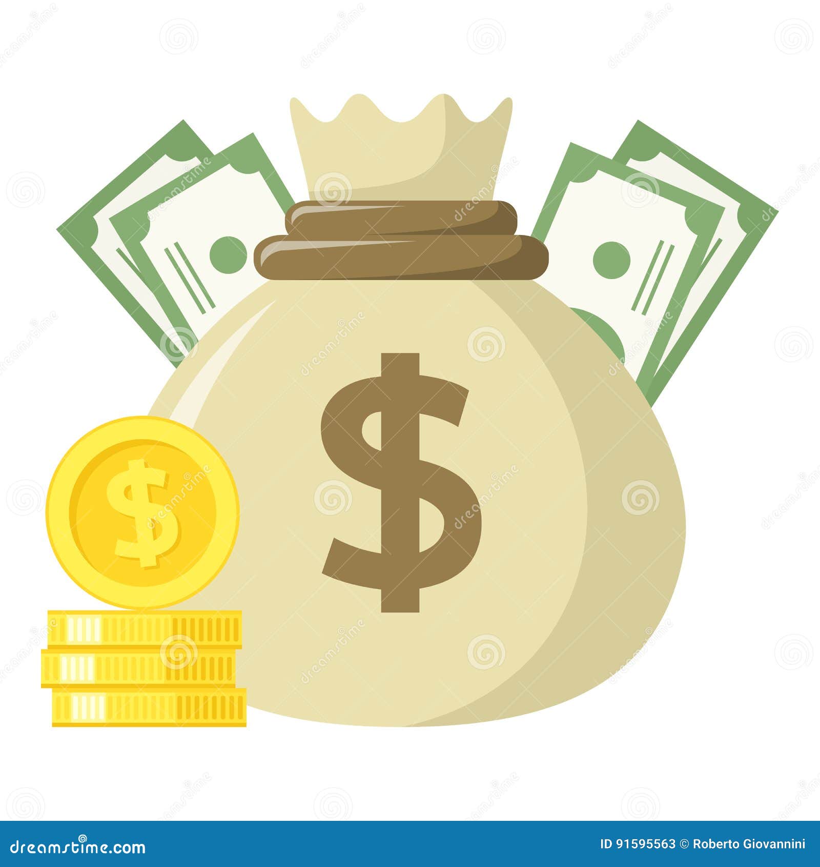 Sack Of Money Stack Of Coins Flat Icon Stock Vector Illustration - money bag flat icon with banknotes and stack of golden coins isolated on white background eps file available more similar stock illustrations