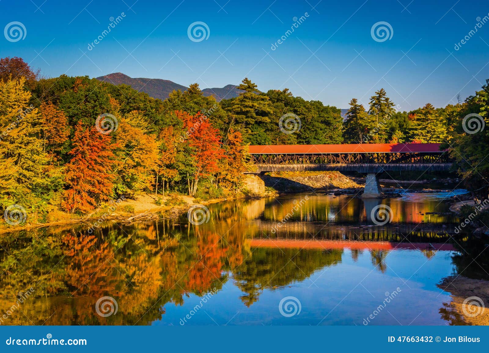 the saco river covered bridge in conway, new hampshire.
