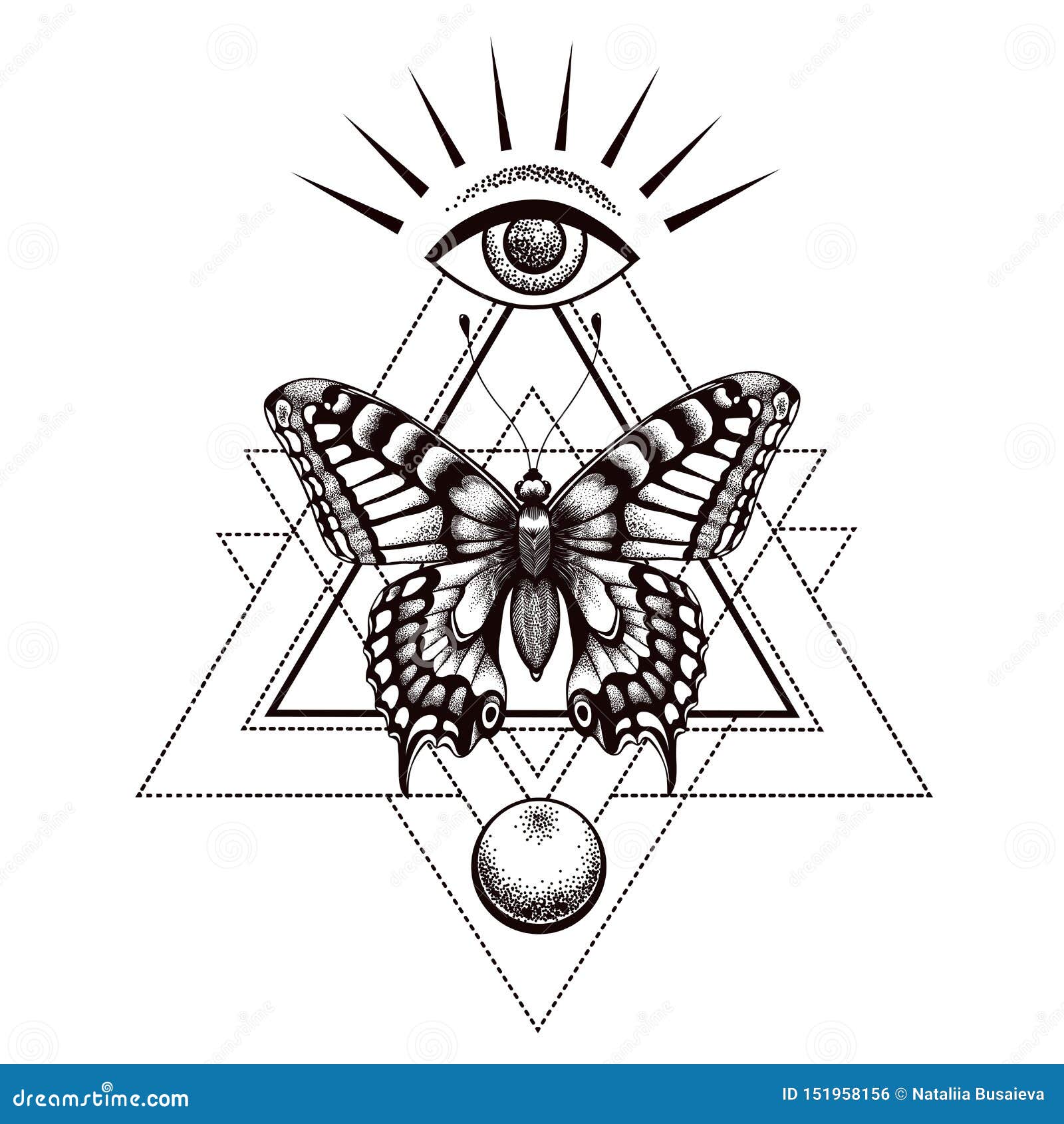 Sacral Butterfly Tattoo and T-shirt Design. Butterfly in Triangle, at Top  is All-seeing Eye of Horus and Moon Below. Stock Vector - Illustration of  paranormal, open: 151958156