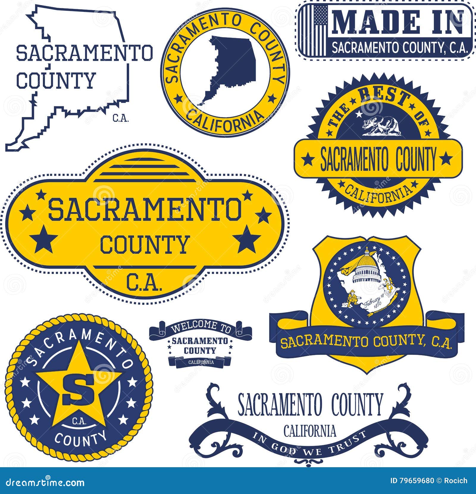 Sacramento County, CA. Set Of Stamps And Signs Vector Illustration