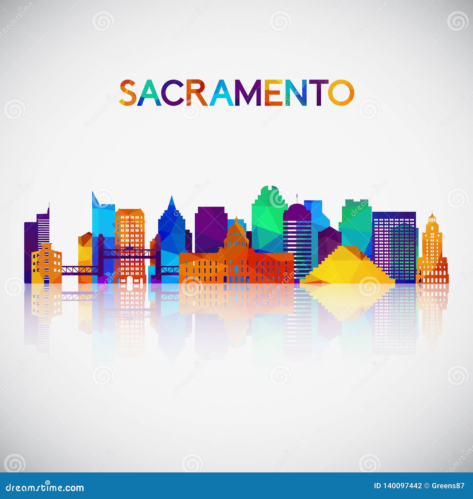 sacramento skyline silhouette in colorful geometric style.