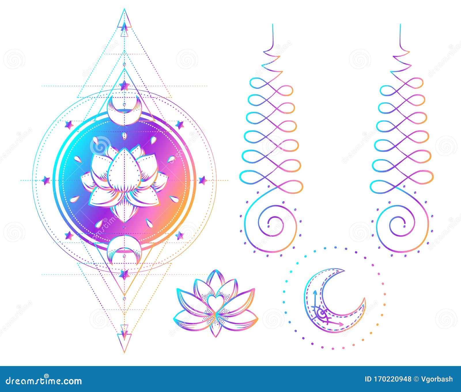 Sacred Geometry and Boo symbol set. Ayurveda sign of harmony and balance.  Tattoo design, yoga logo. poster, t-shirt. Colorful gradient over black.  Astrology, esoteric, religion. Stock Vector by ©vgorbash 335199610