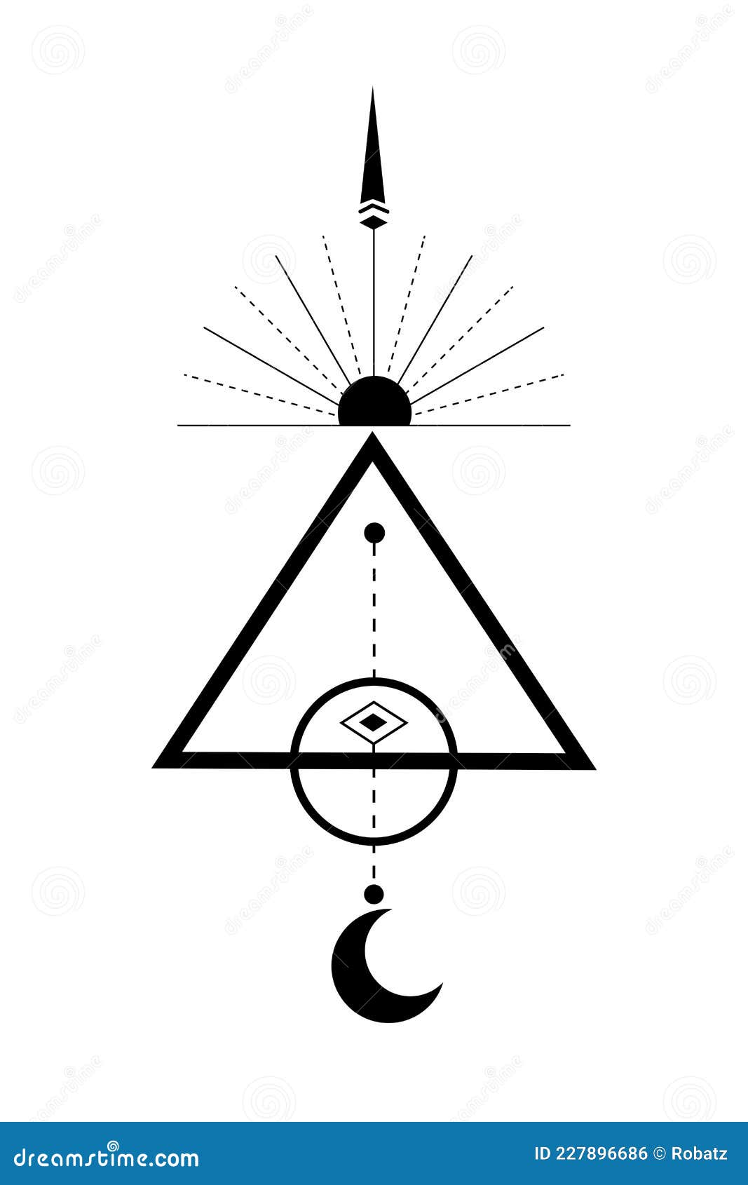 Sacred Geometry, Triangle Logo with Sun, Crescent Moon, Alchemy