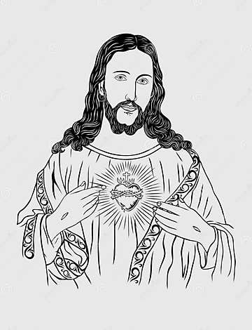 Sacred Heart of Jesus Line Sketch Drawing Stock Vector - Illustration ...