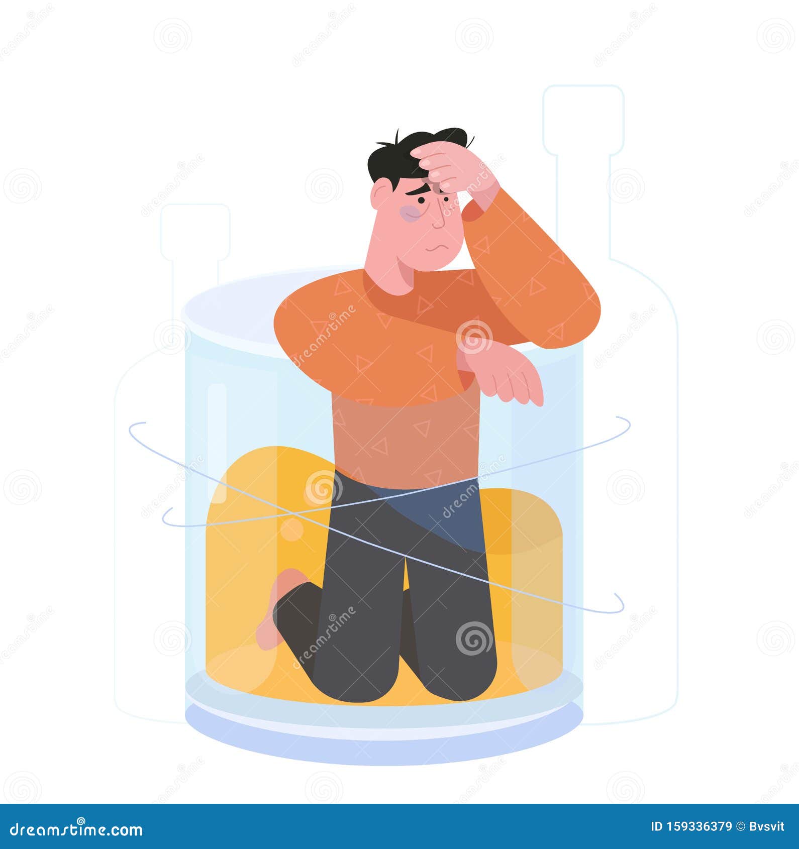 sad alcoholic man character stands in a glass of whiskey. concept of alcohol addicted, problem dependence bad habit.  illust