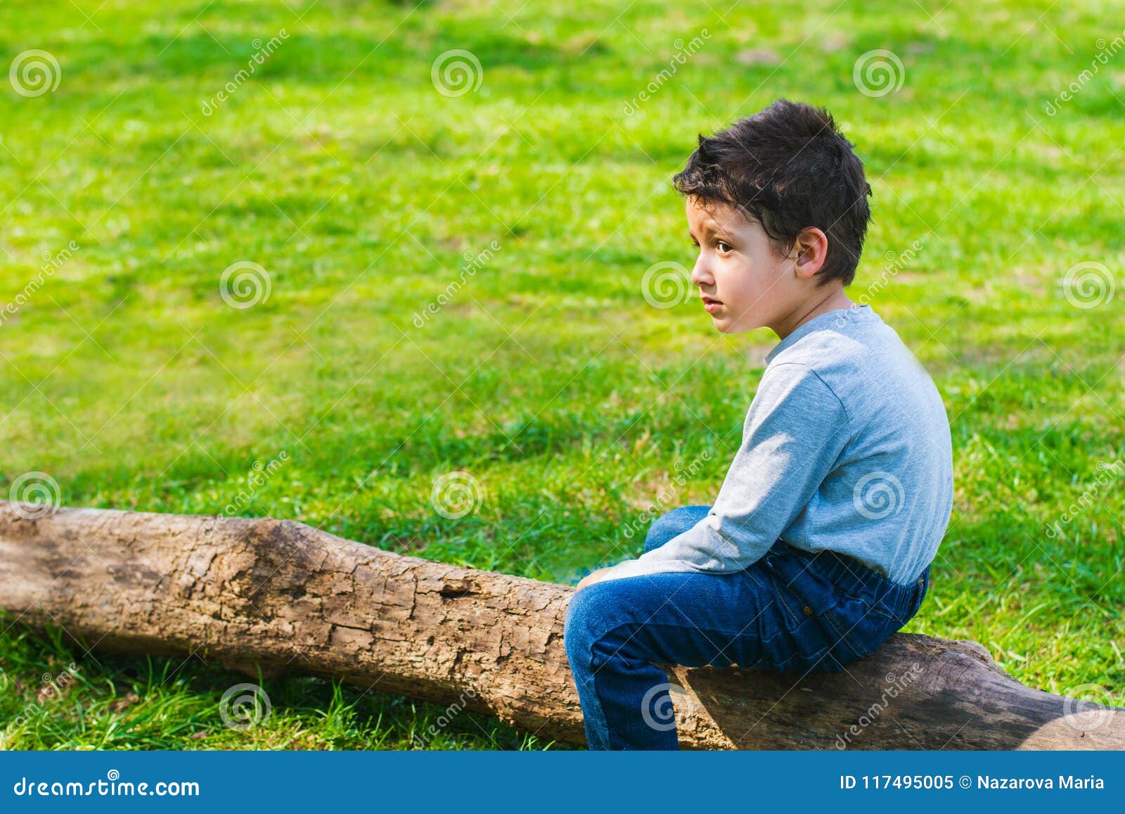 Boy 4 Years Old Sitting Alone On A Log Stock Image - Image Of Single, Alone:  117495005