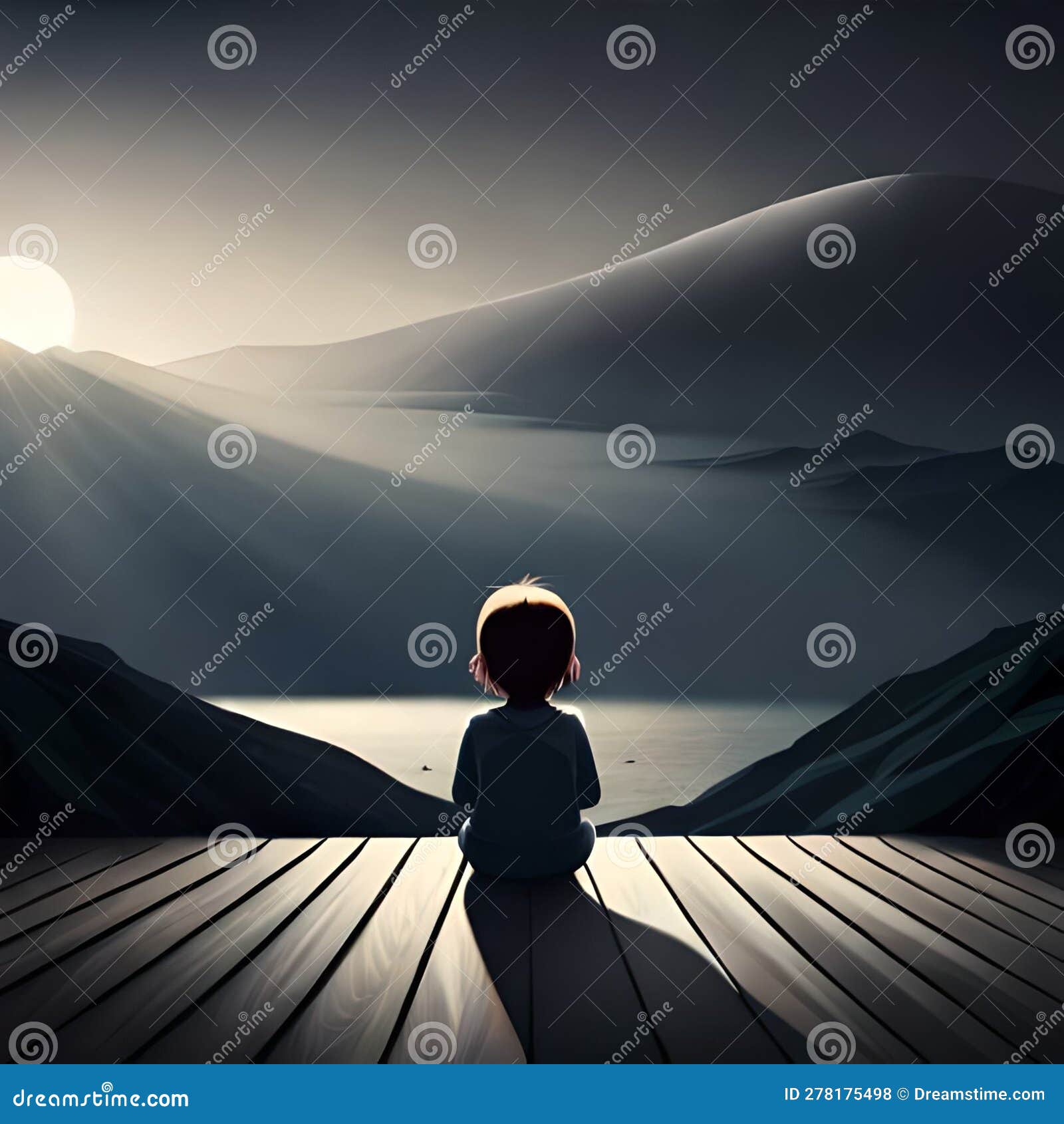 Sad Boy Sitting in the Alone Peace World Stock Illustration