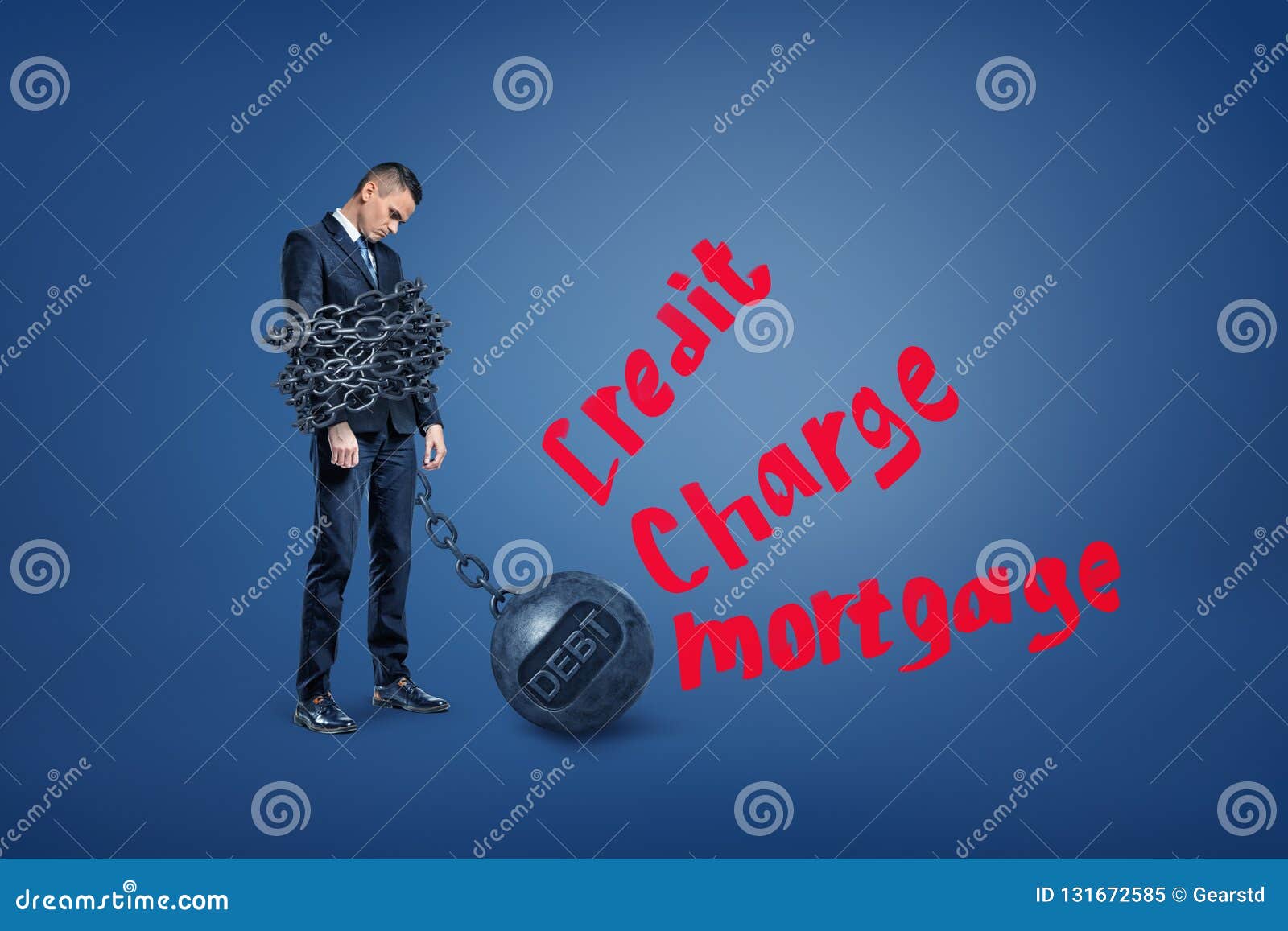 A Sad Businessman Stands Bound by a Iron Ball Chain with Red ...
