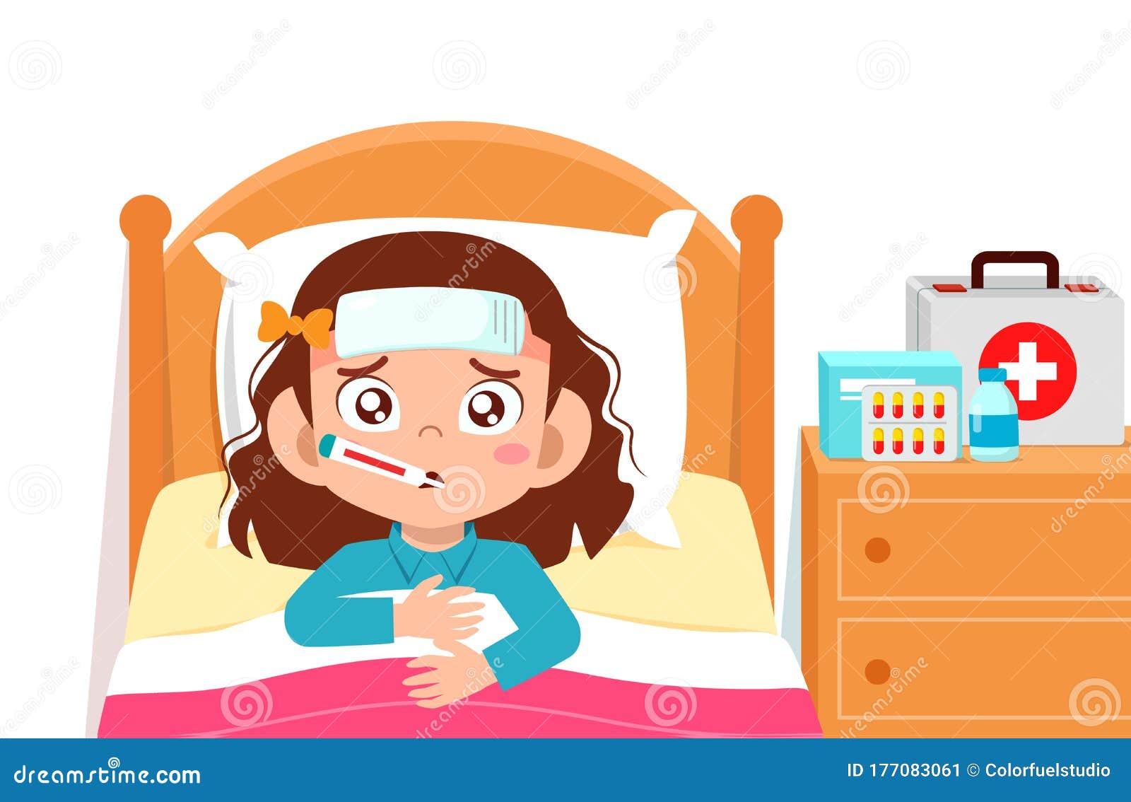 Sad Cute Kid Girl Lay in Bed Sick Stock Vector Illustration of safety, microbe 177083061